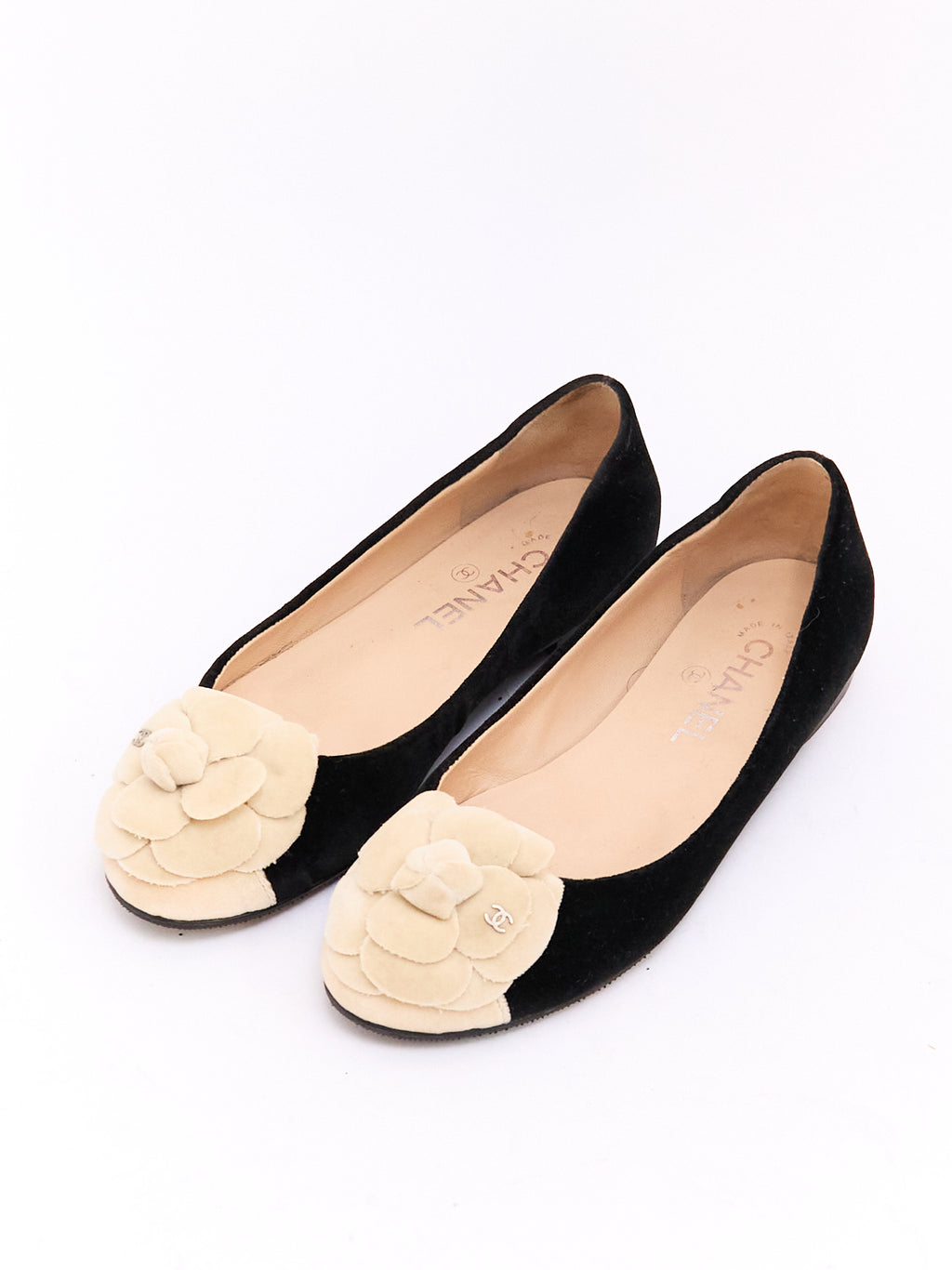 Chanel Black Tan Velvet Camilia Ballet Flats 38