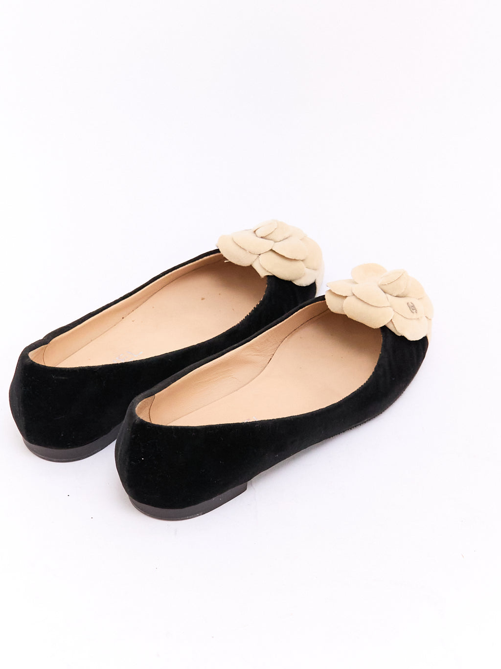 Chanel Black Tan Velvet Camilia Ballet Flats 38