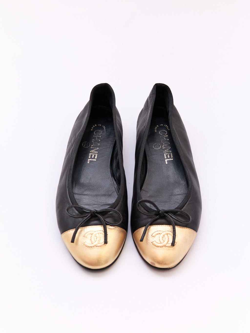 Chanel Black Gold Lambskin CC Cap Toe Ballet Flat 36