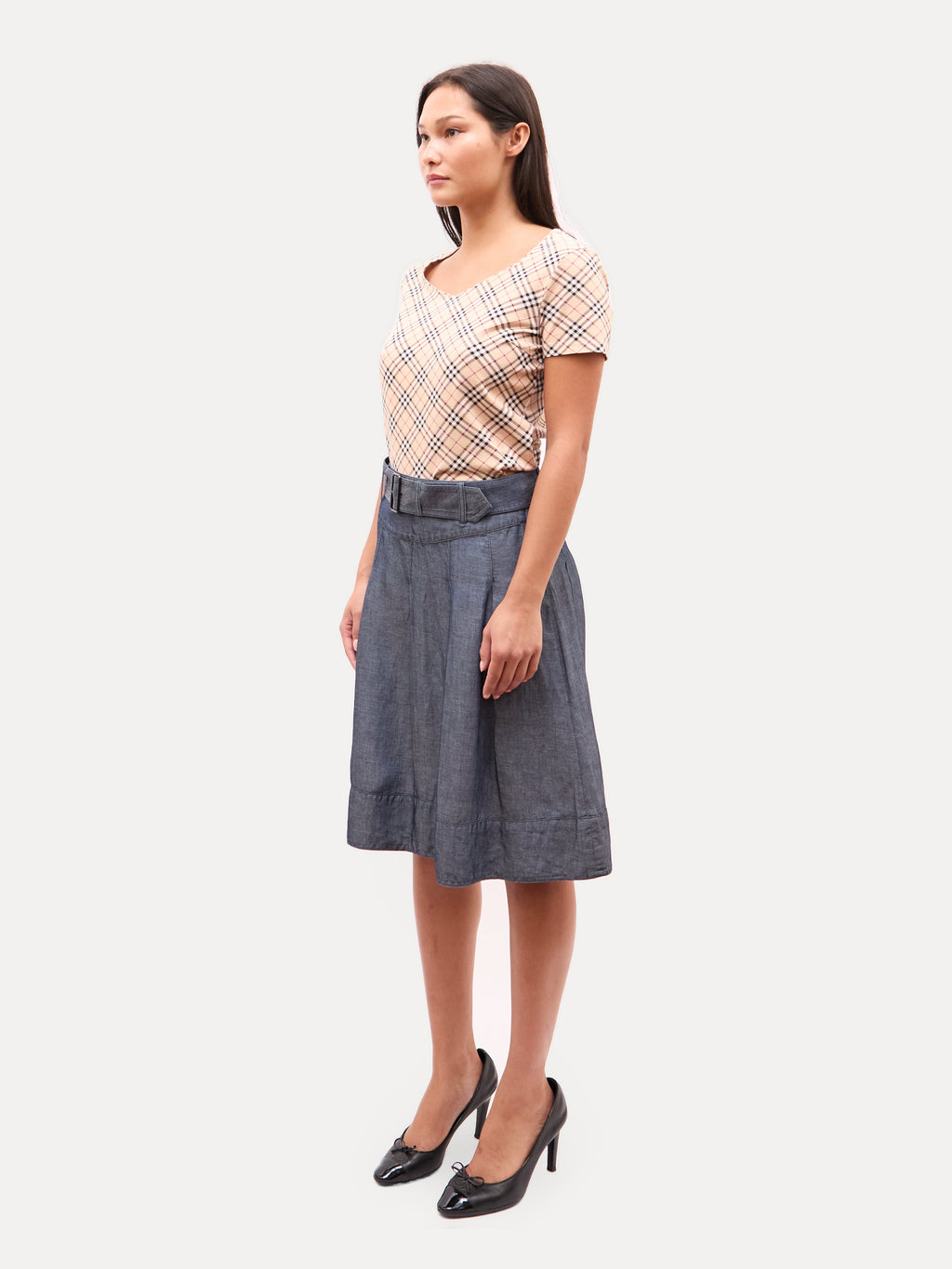 Burberry Blue Chambray Belted Midi Belted Skirt