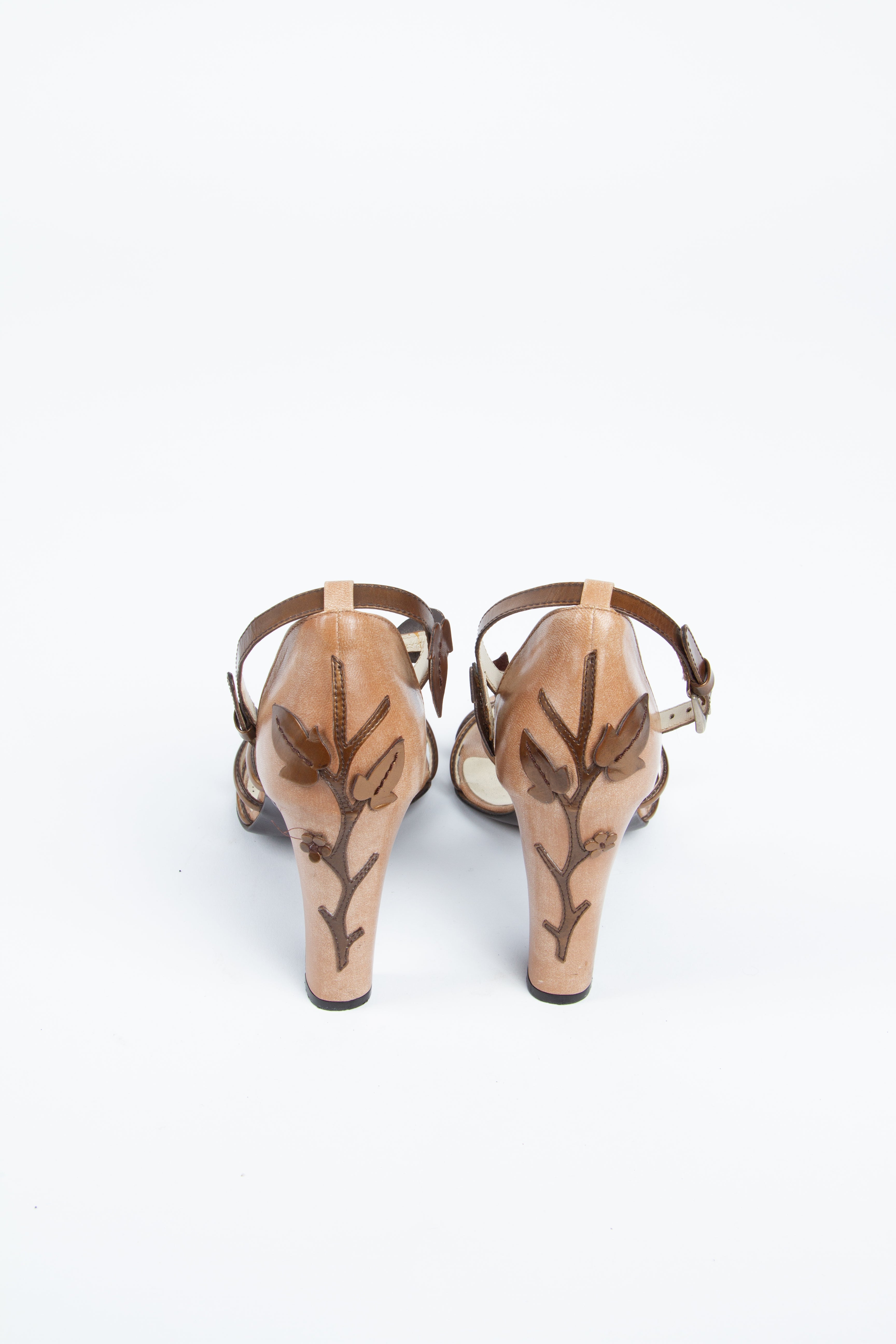 Vintage Prada SS 1997 Size 39 Floral Vine Applique Sandal | Y2K Designer Heels Shoes