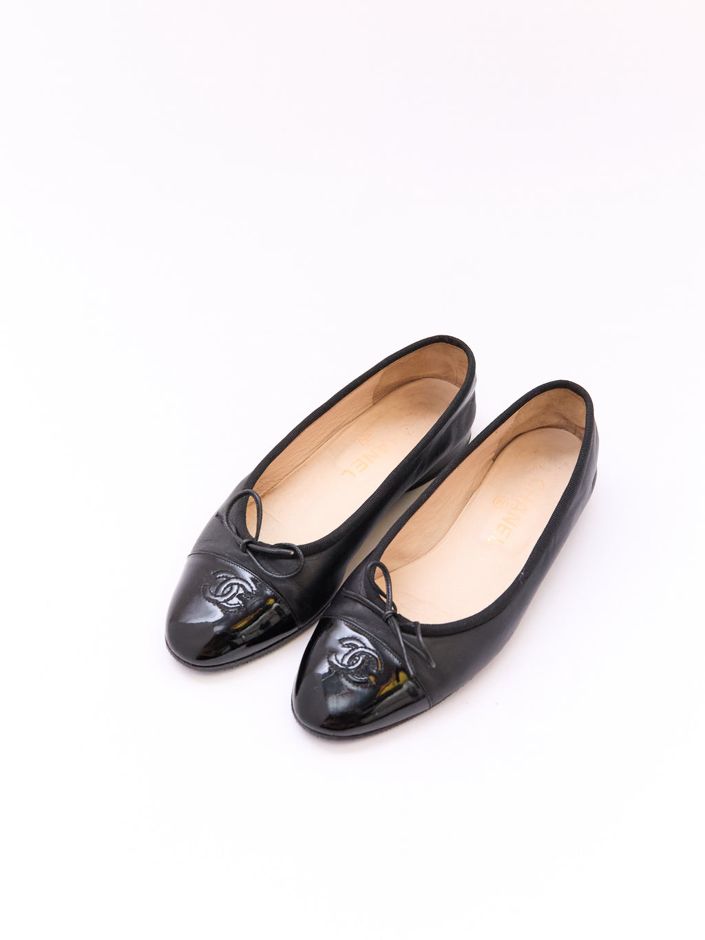 Chanel Black Leather Patent Cap Toe Flat Size 36.5