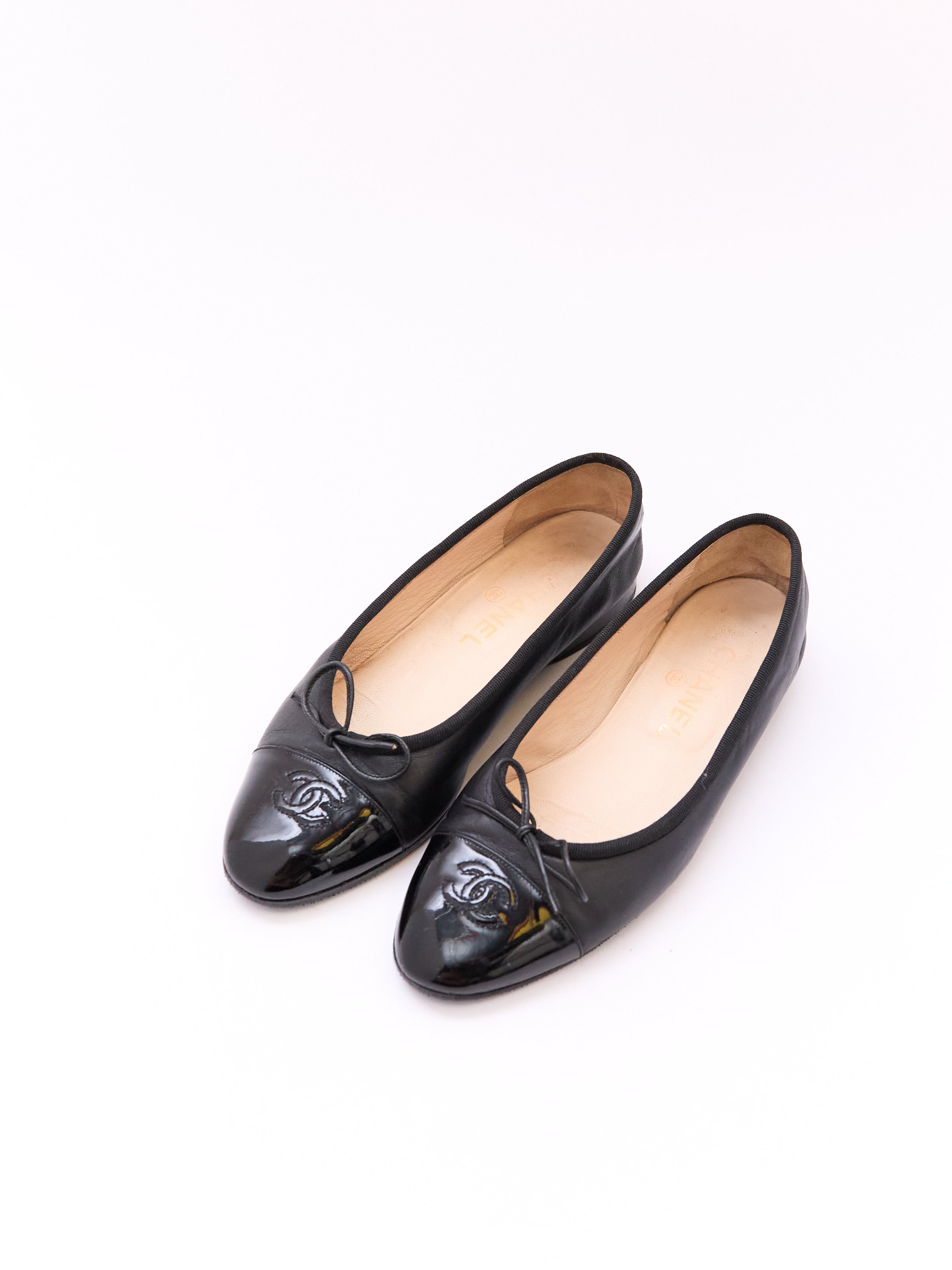 Chanel Black Leather Patent Cap Toe Flat Size 36.5
