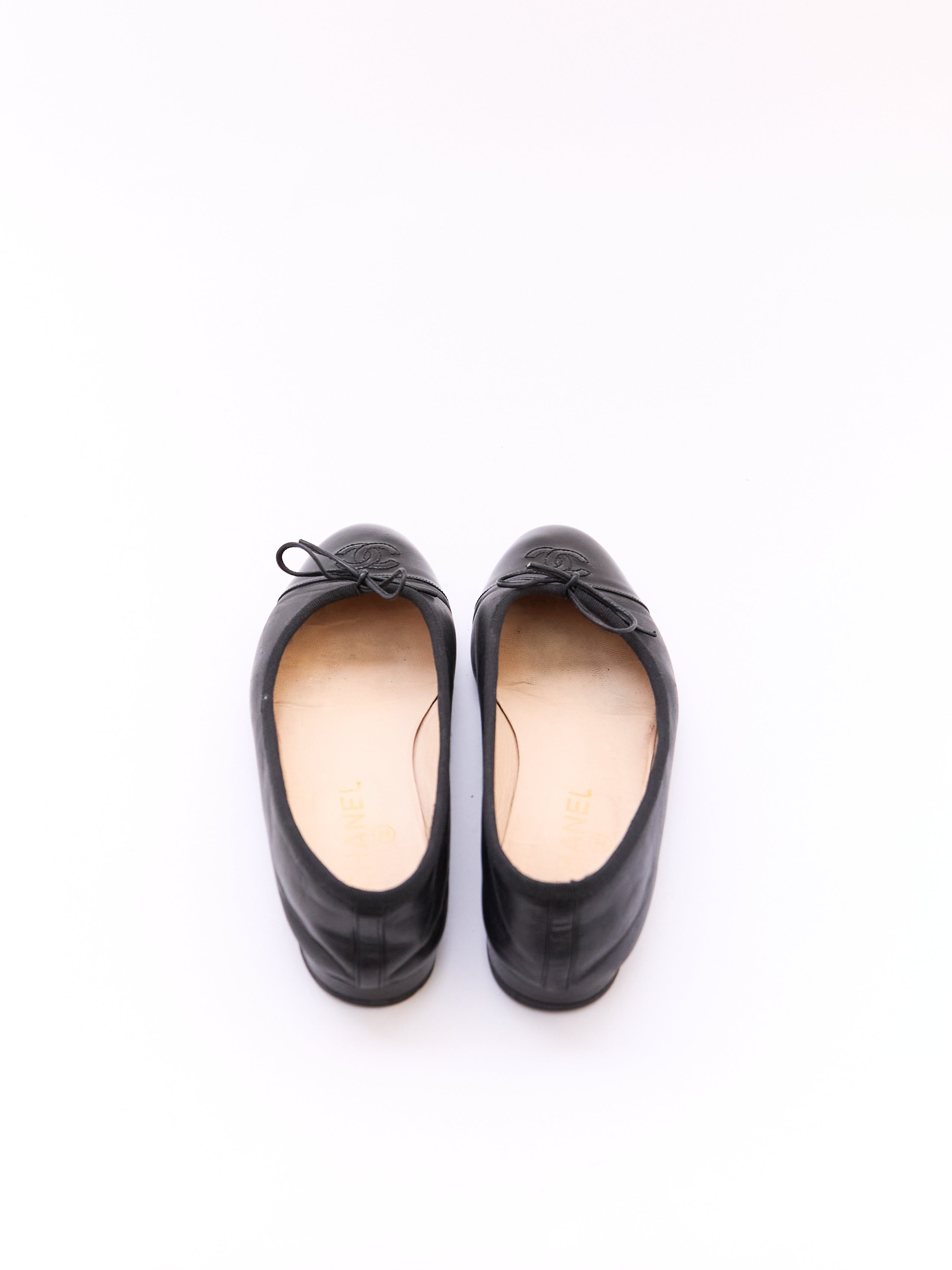 Chanel Black Leather Patent Cap Toe Flat Size 36.5