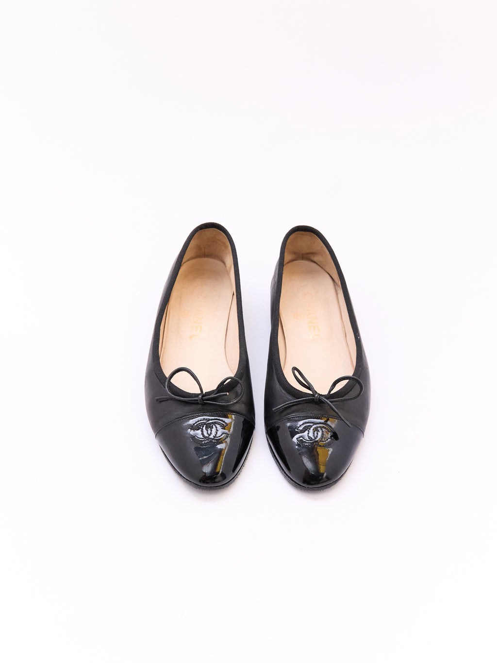 Chanel Black Leather Patent Cap Toe Flat Size 36.5