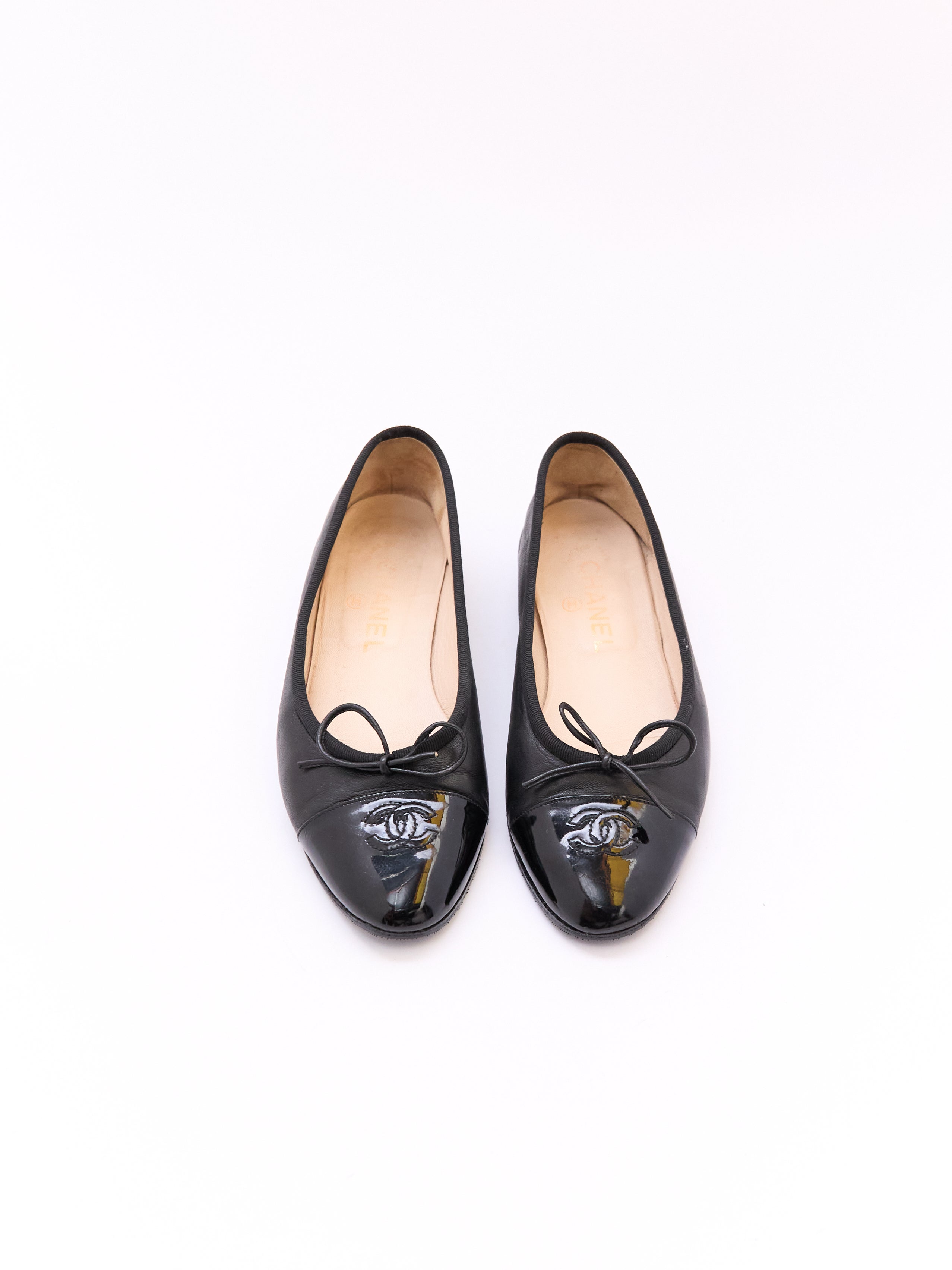 Chanel Black Leather Patent Cap Toe Flat Size 36.5