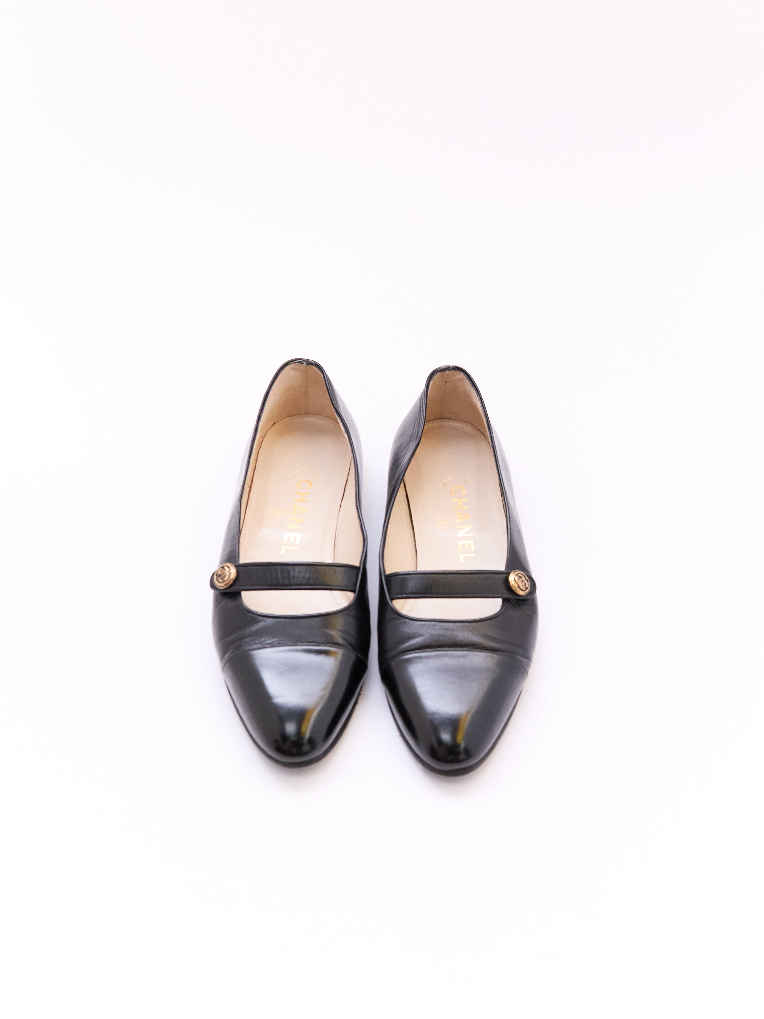 Chanel Black Leather Cap Toe CC Mary Jane Flat Size 36