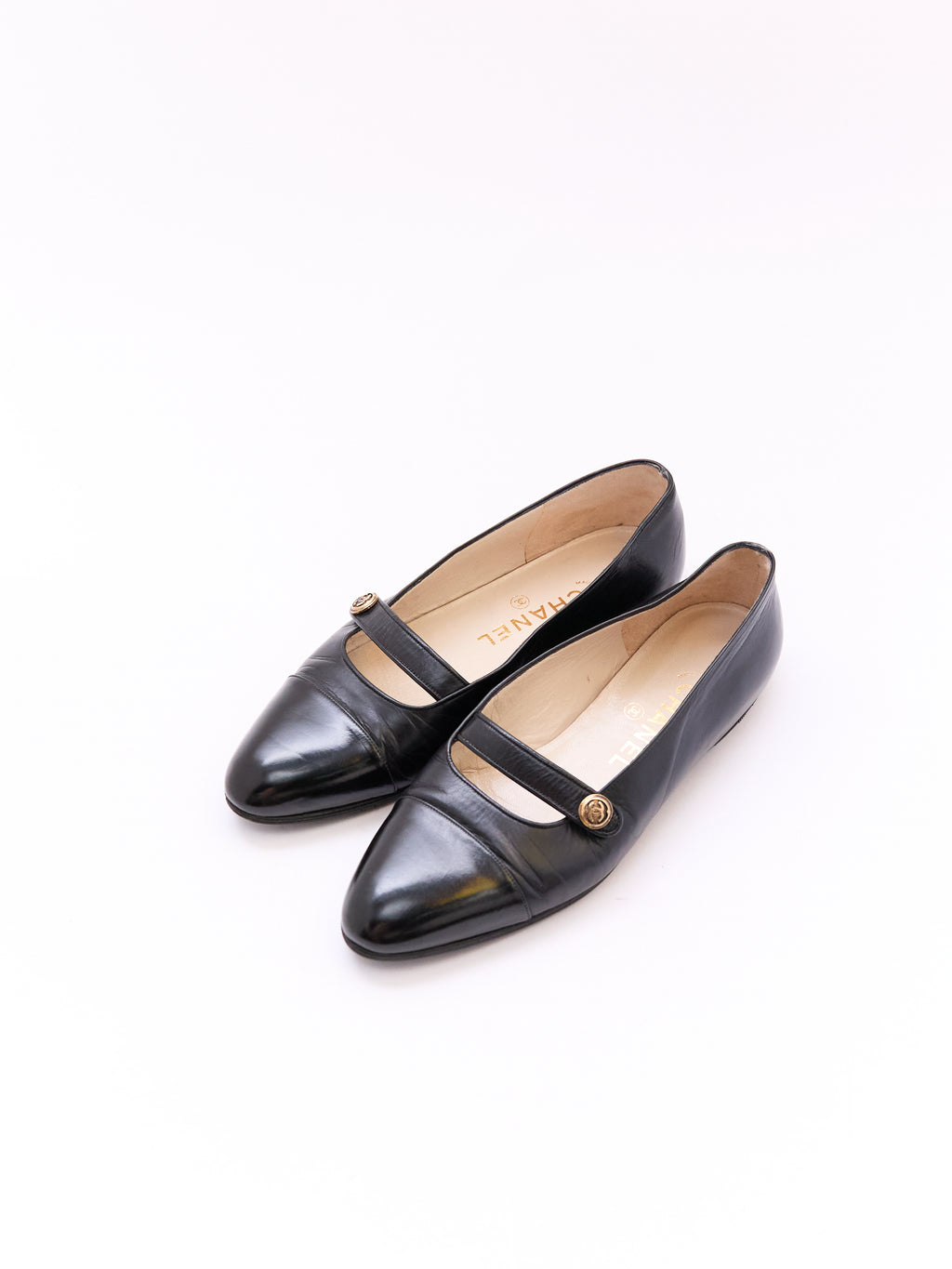 Chanel Black Leather Cap Toe CC Mary Jane Flat Size 36