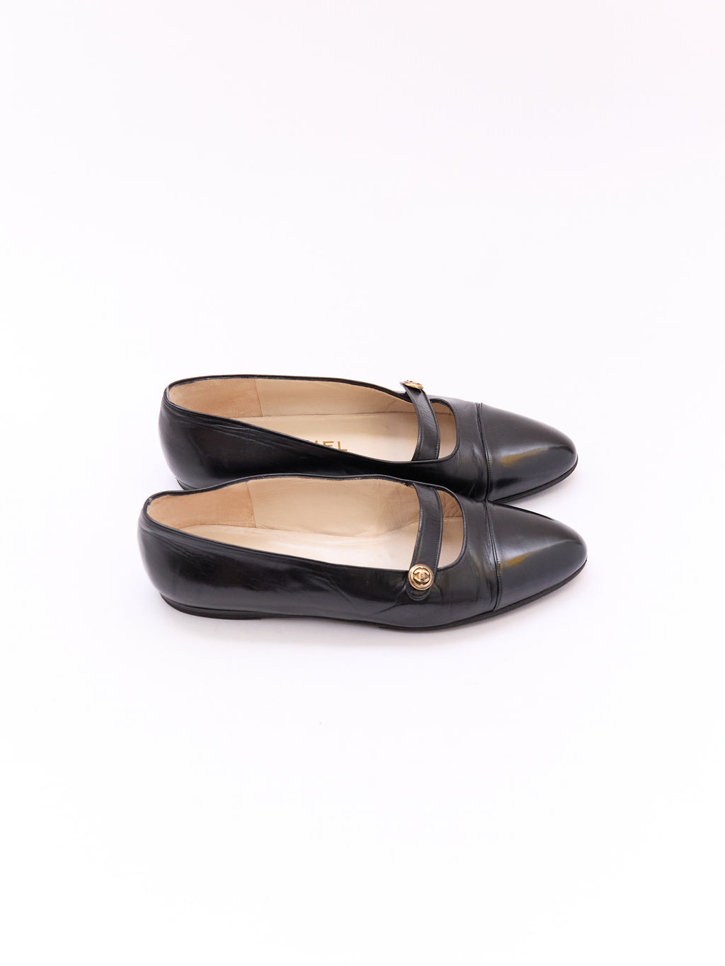 Chanel Black Leather Cap Toe CC Mary Jane Flat Size 36