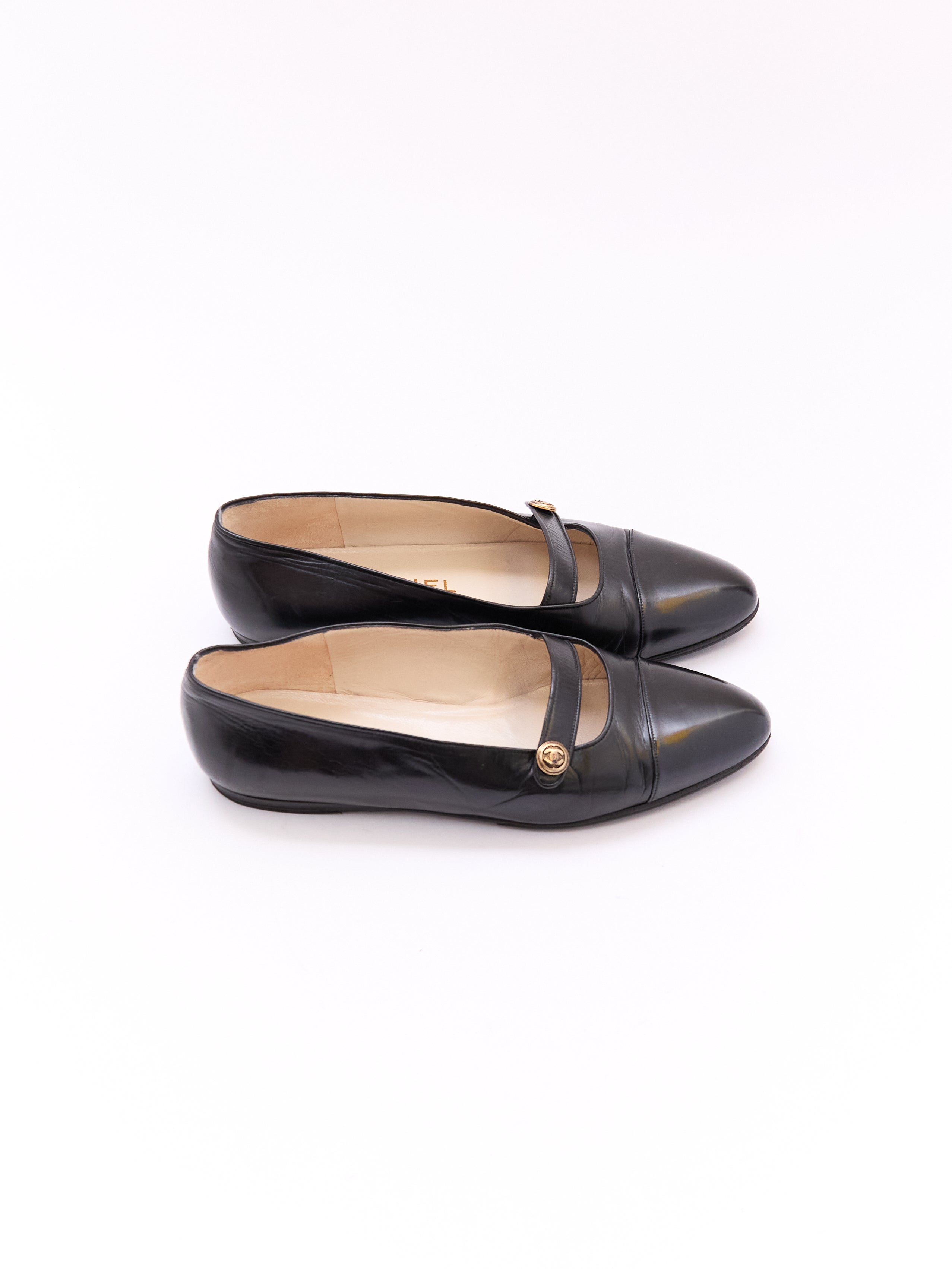 Chanel Black Leather Cap Toe CC Mary Jane Flat Size 36