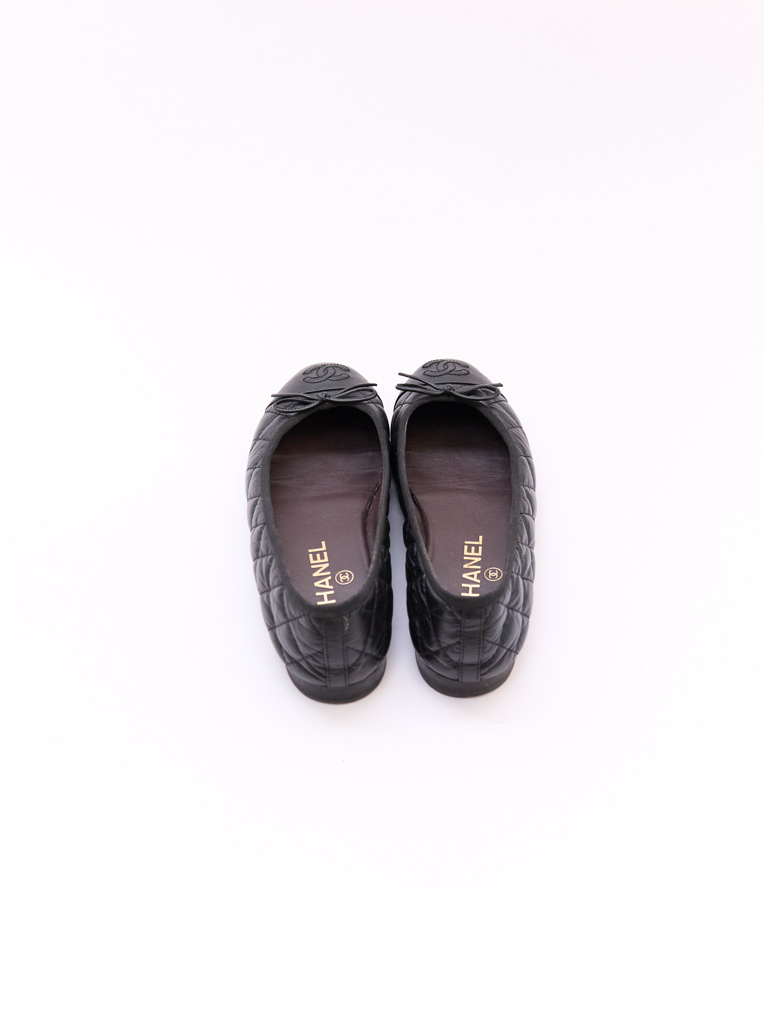 Chanel Black Leather Quilted Cap Toe Flat Size 36