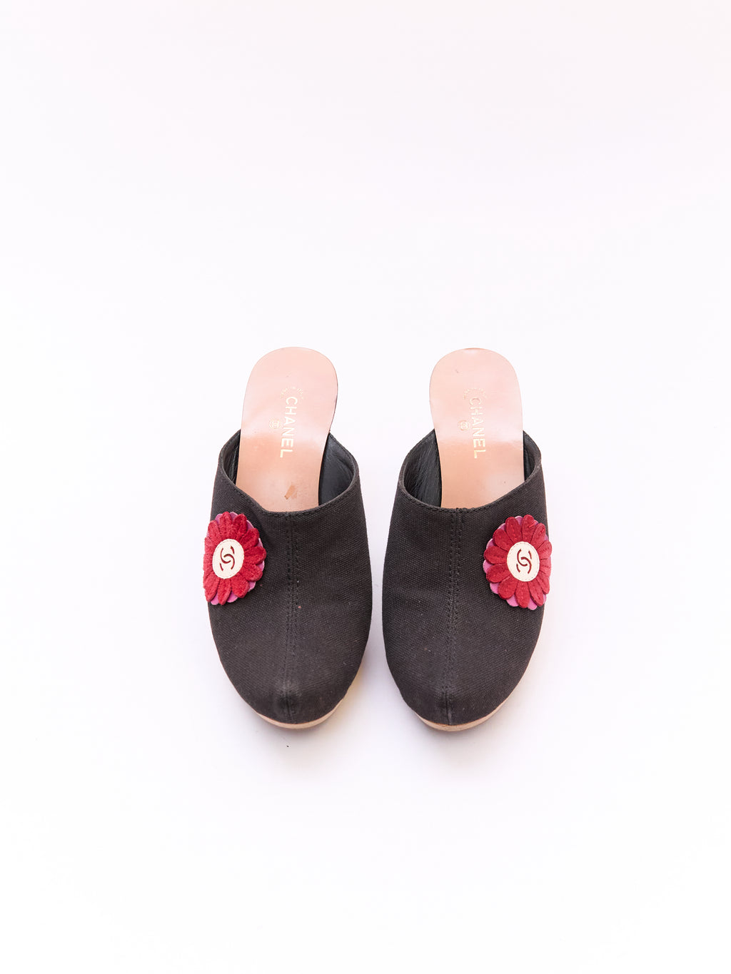 Chanel Black Canvas Red Flower CC Applique Clog Size 36.5