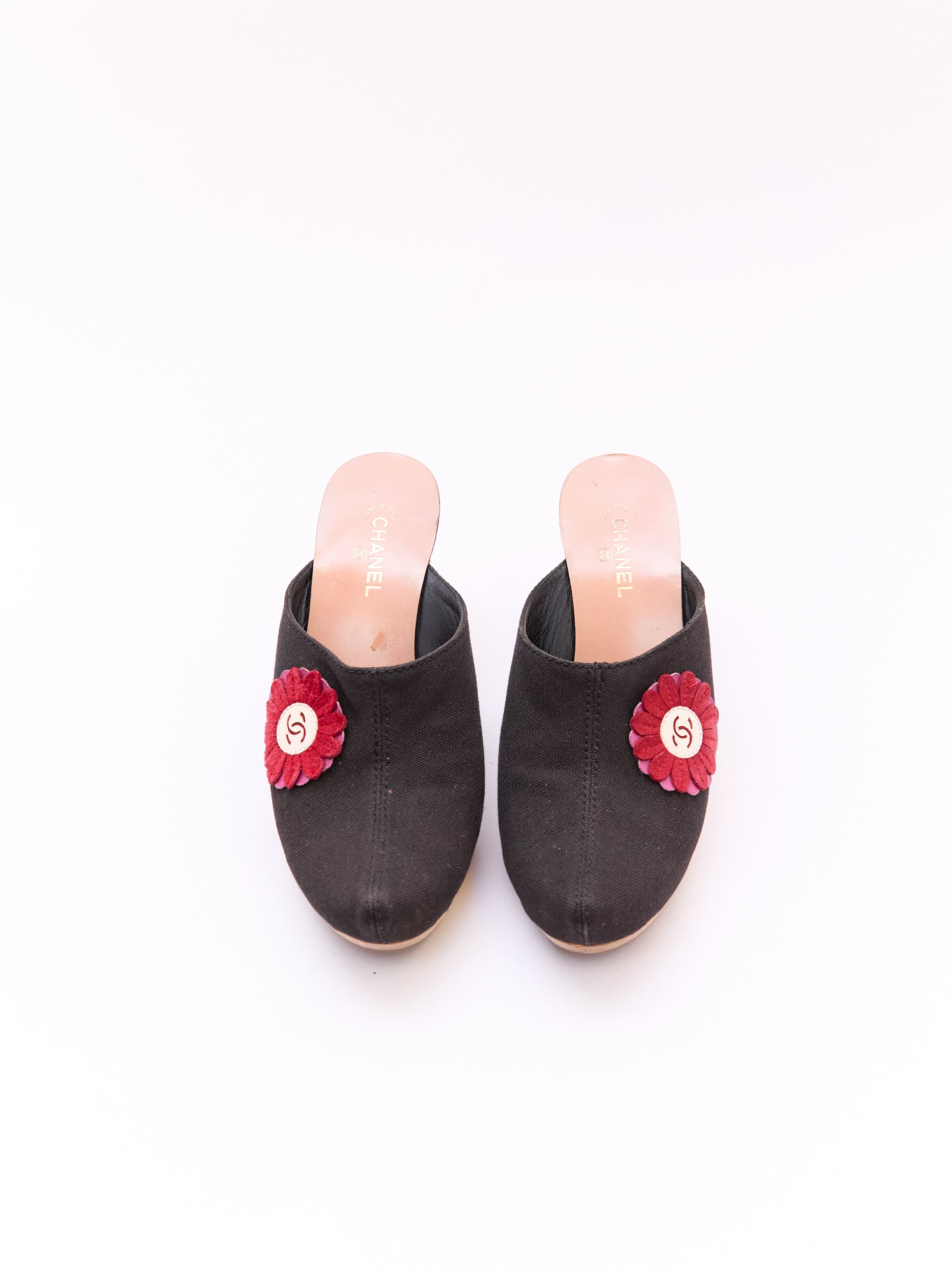 Chanel Black Canvas Red Flower CC Applique Clog Size 36.5