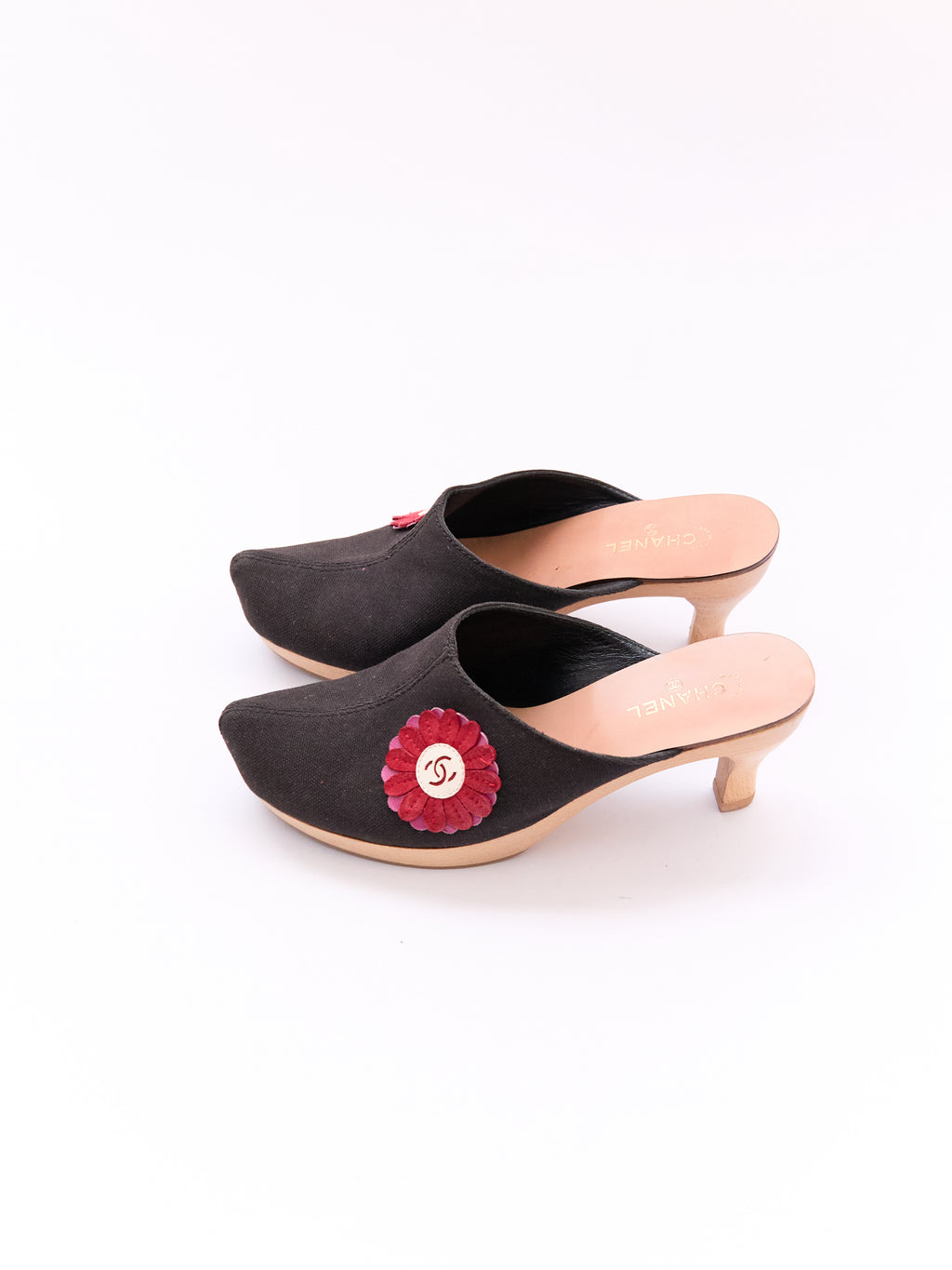 Chanel Black Canvas Red Flower CC Applique Clog Size 36.5