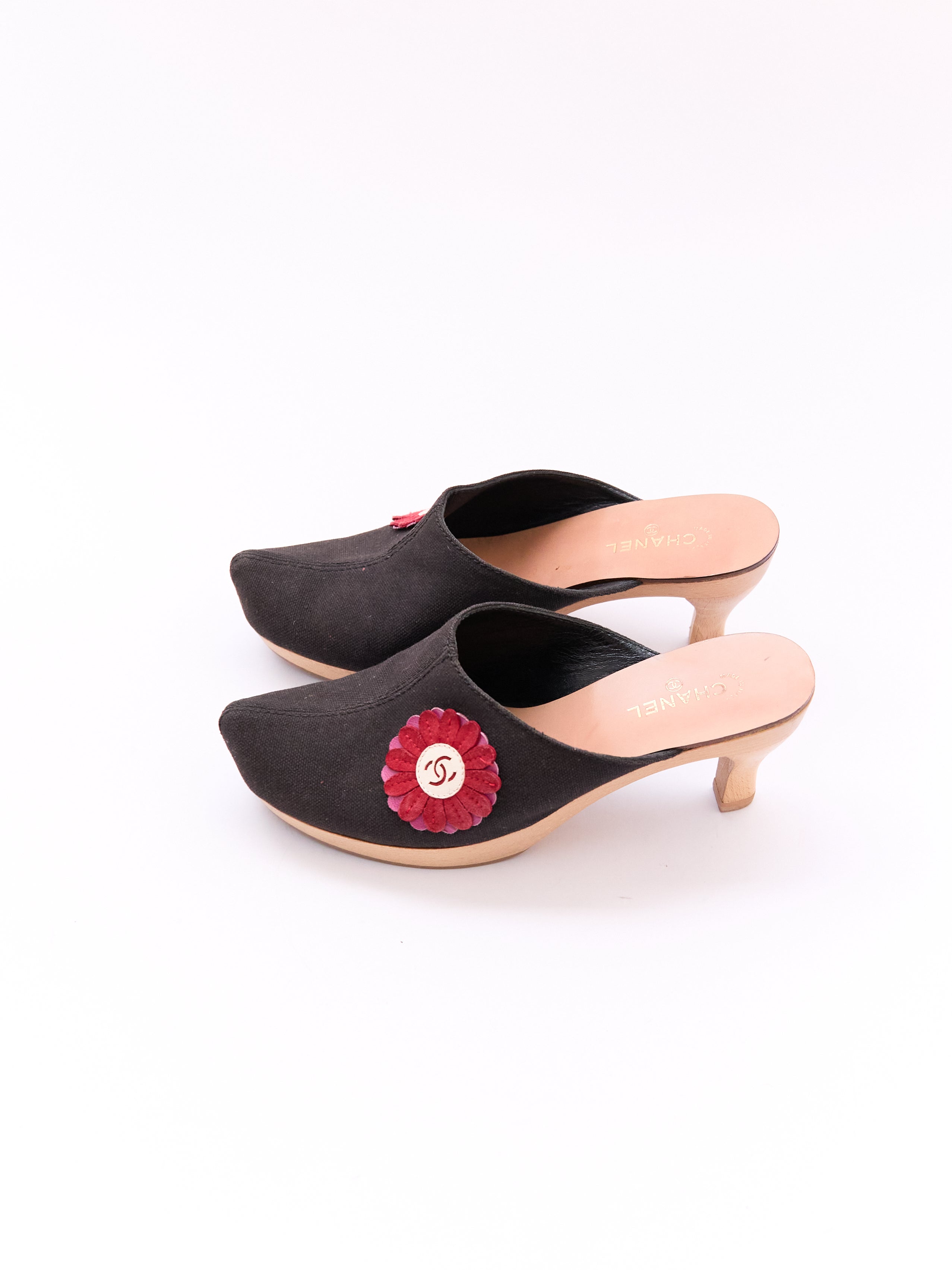 Chanel Black Canvas Red Flower CC Applique Clog Size 36.5