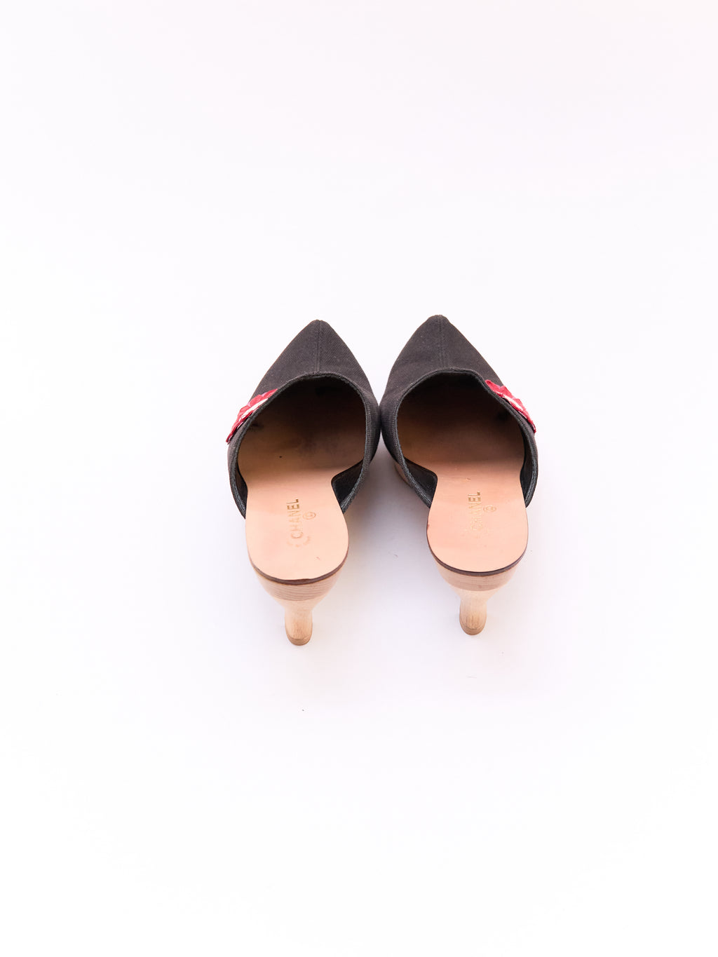 Chanel Black Canvas Red Flower CC Applique Clog Size 36.5