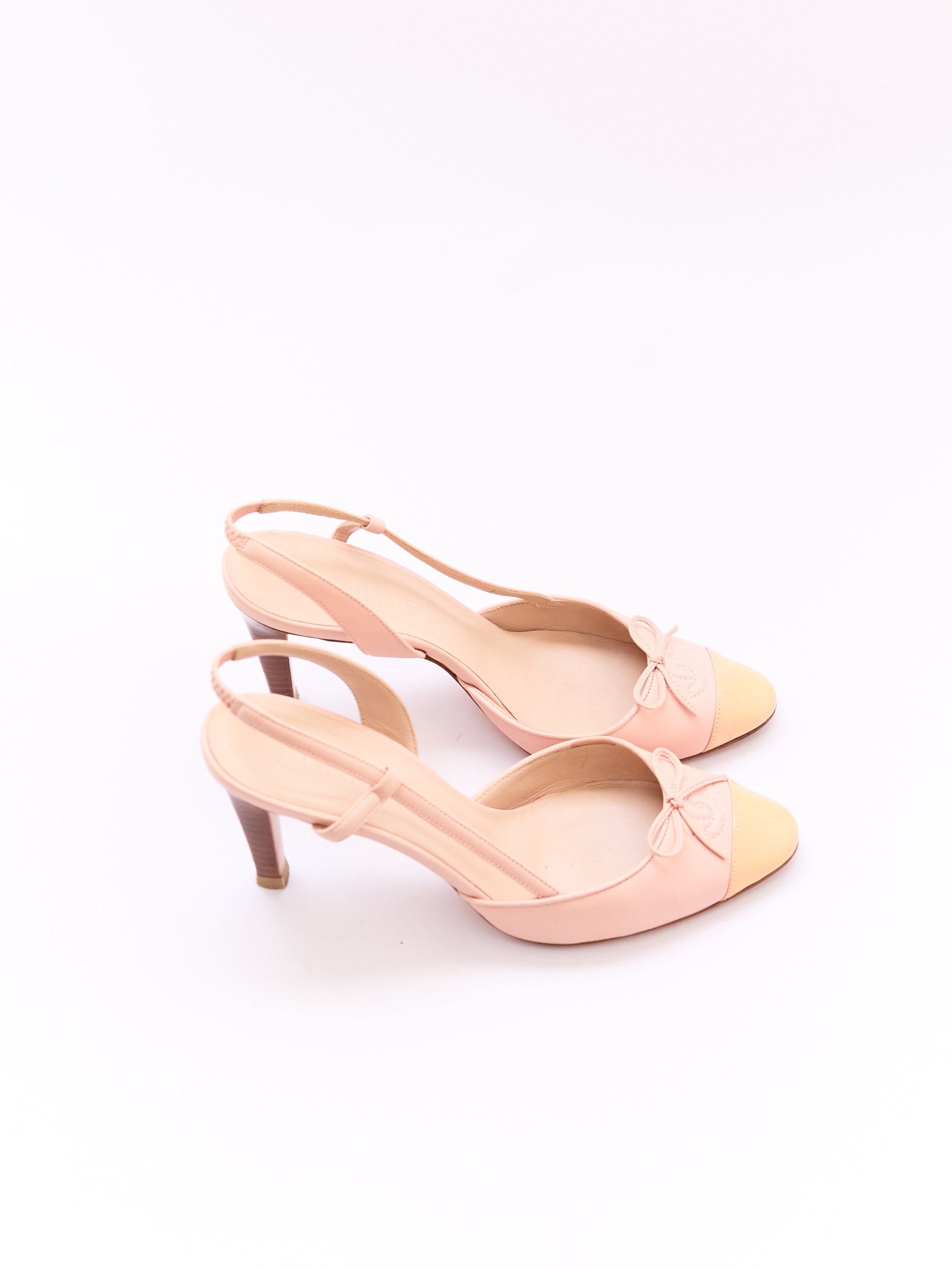 Chanel Blush and Beige Leather and Patent Cap Toe Pump Size 37