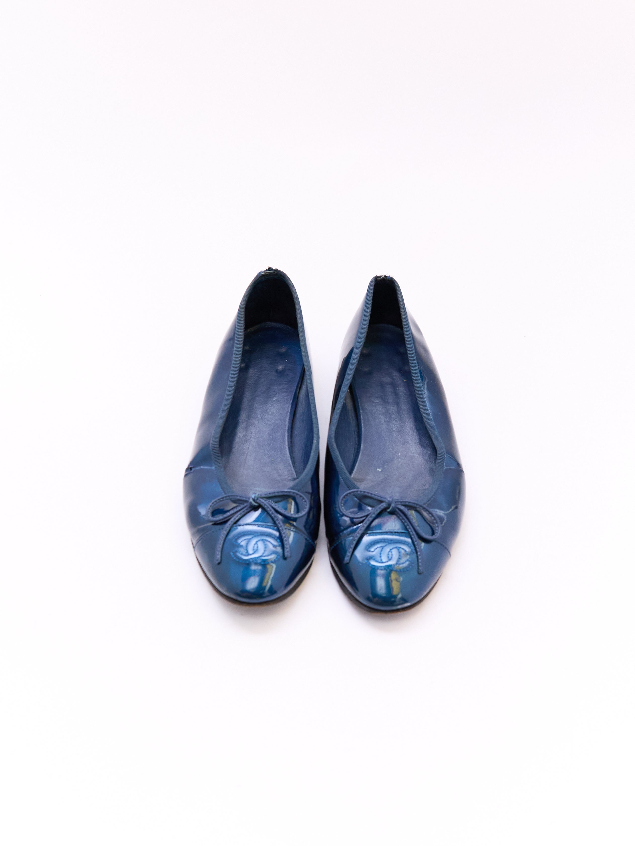 Chanel Patent Metallic Blue Flats Size 37