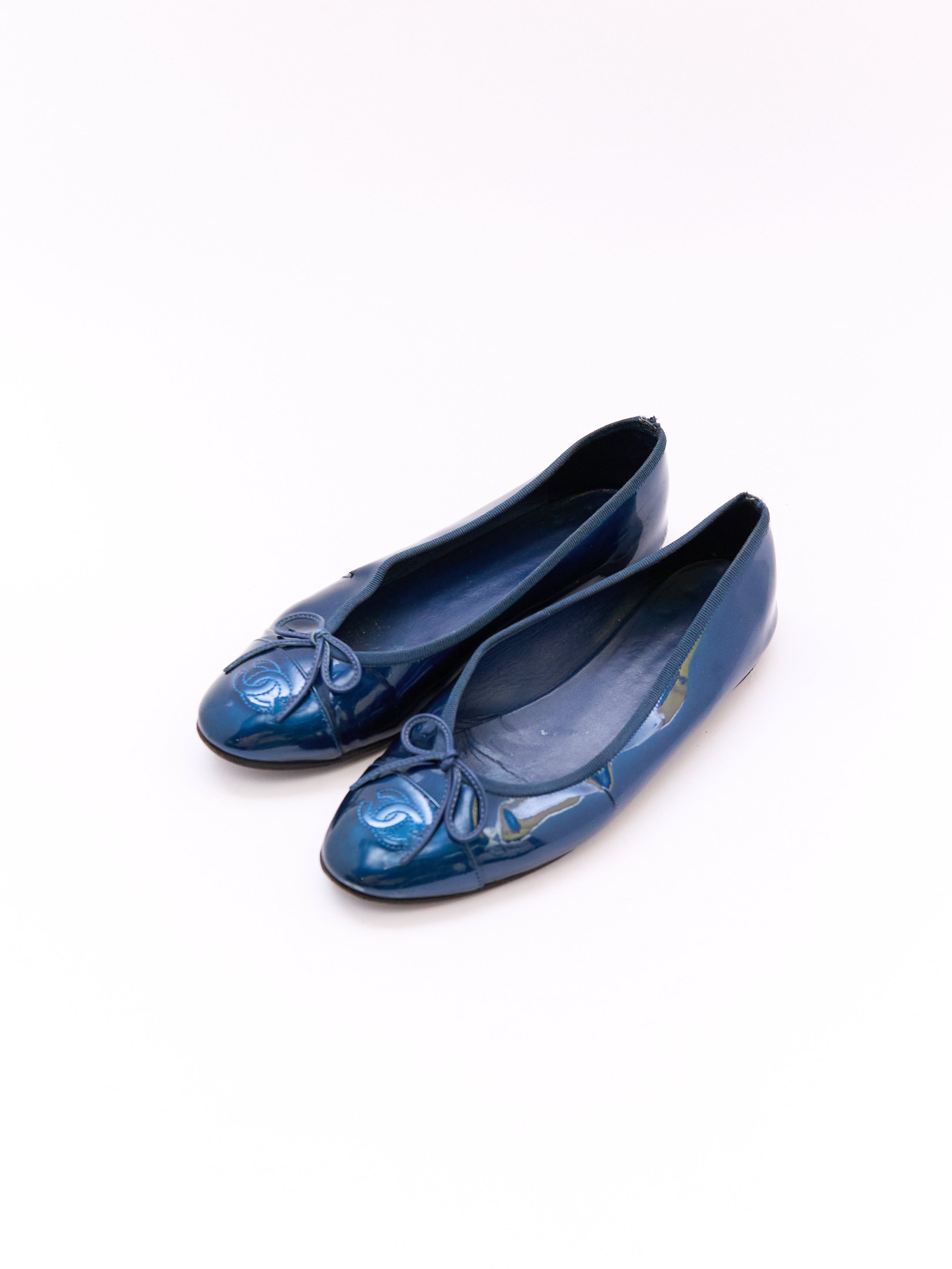 Chanel Patent Metallic Blue Flats Size 37