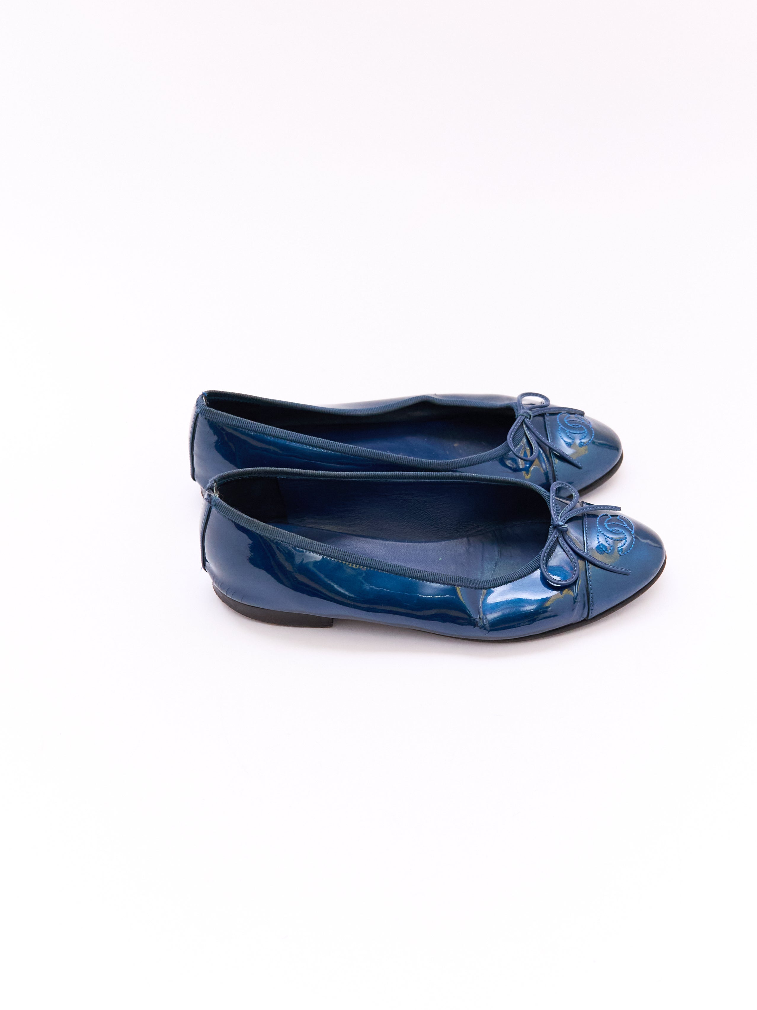 Chanel Patent Metallic Blue Flats Size 37