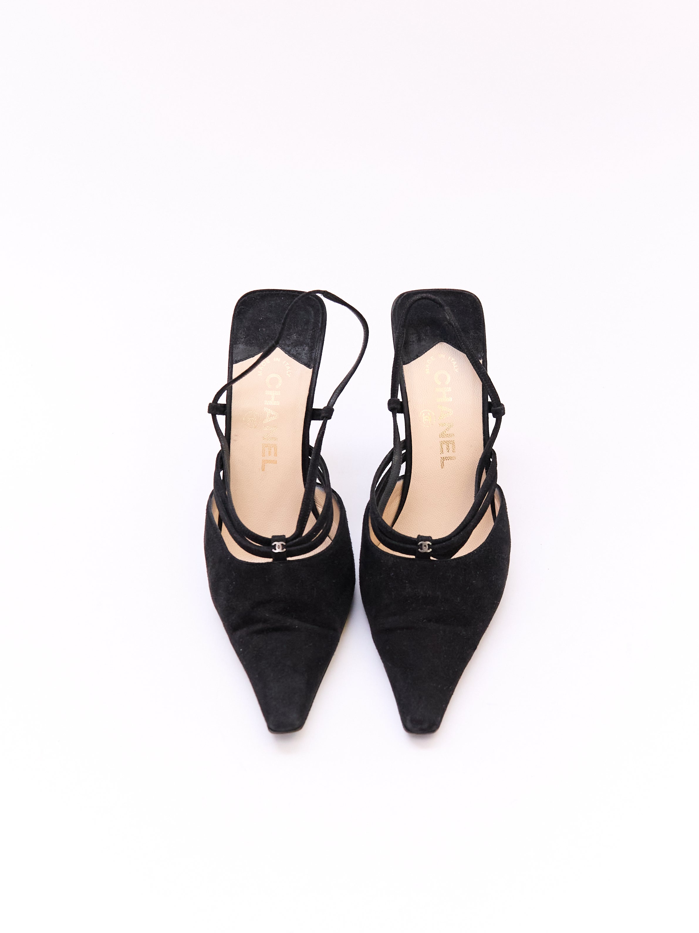 Chanel Black Suede CC Mule Heel Size 37