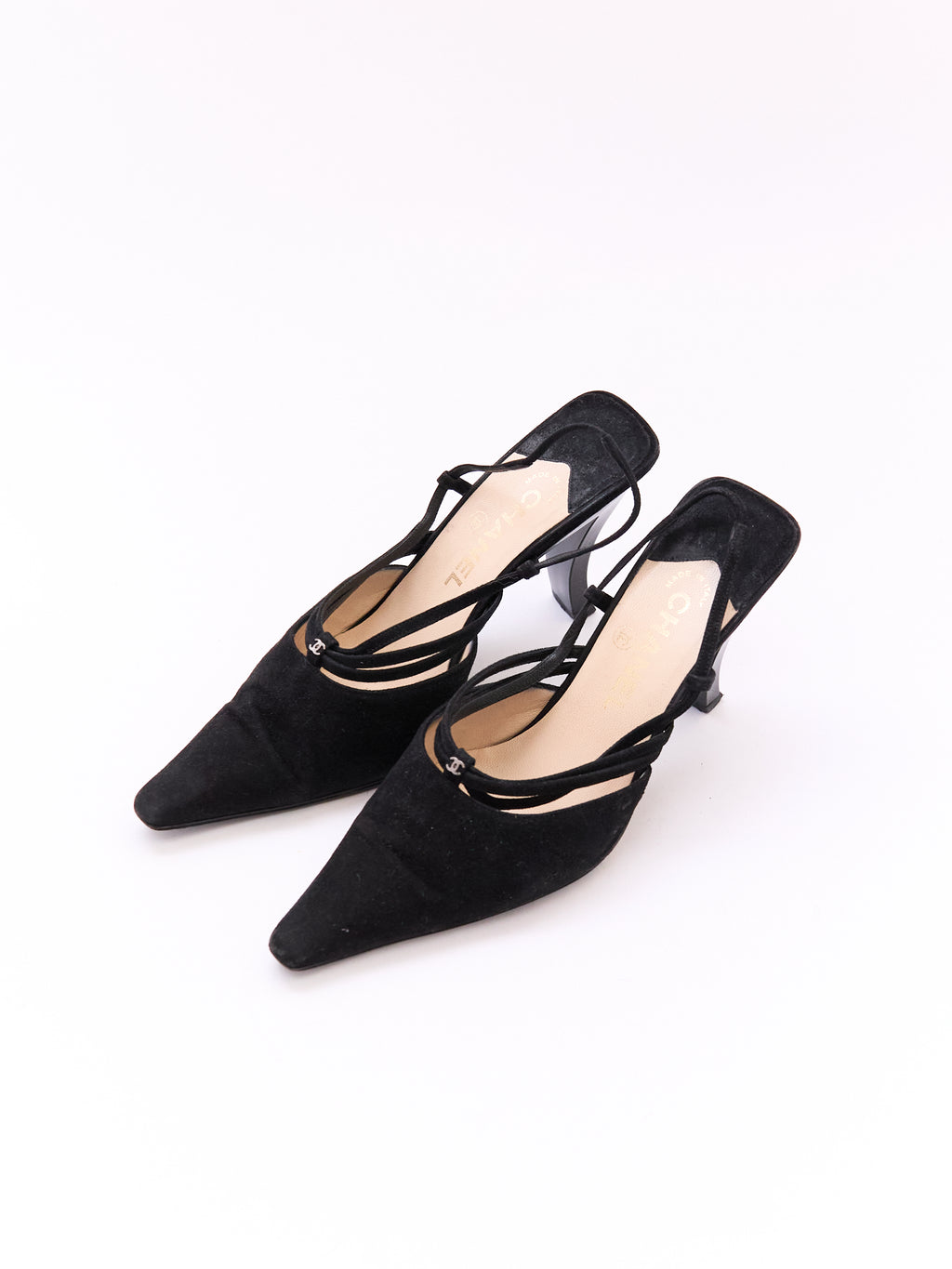 Chanel Black Suede CC Mule Heel Size 37