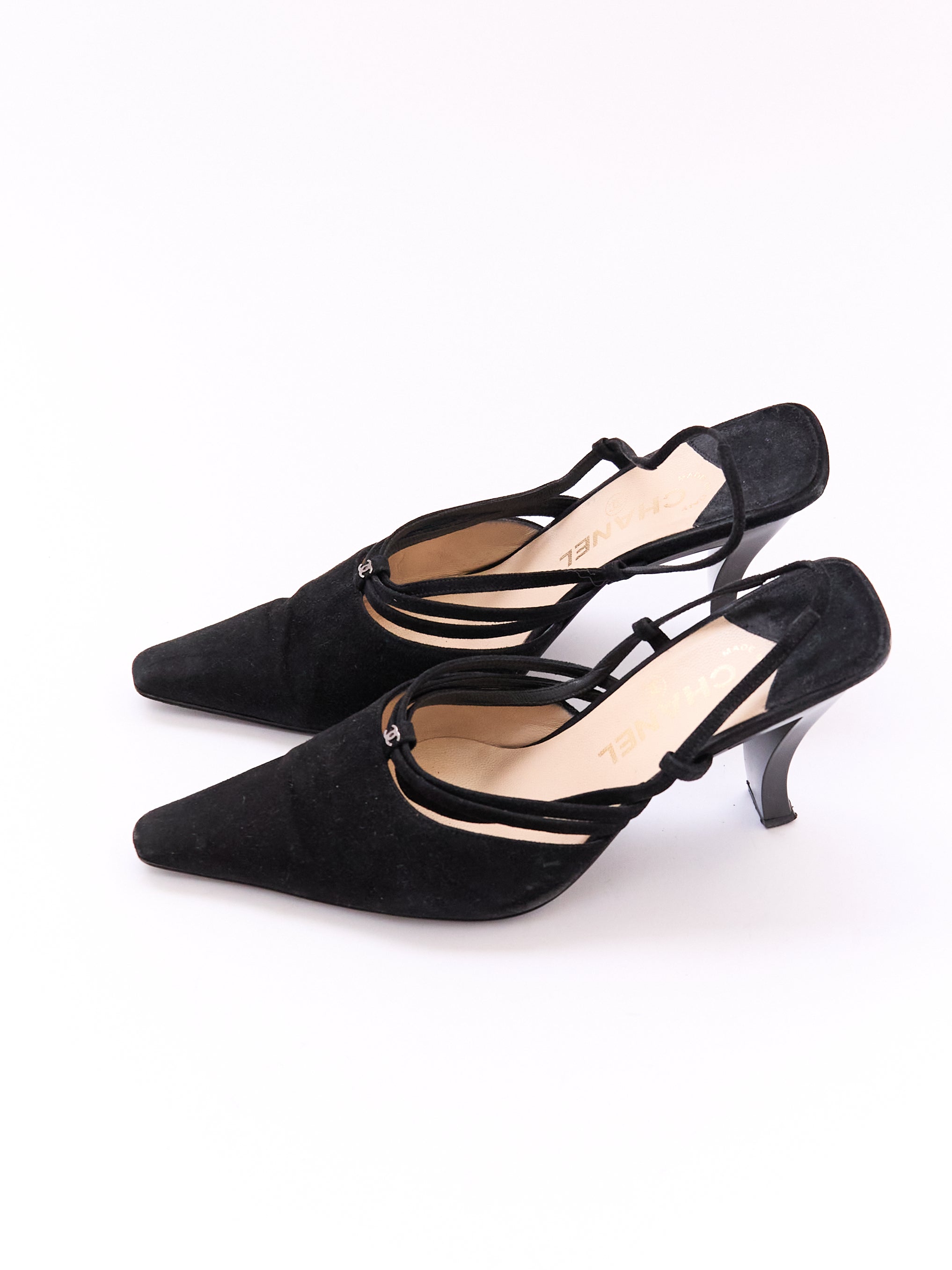Chanel Black Suede CC Mule Heel Size 37