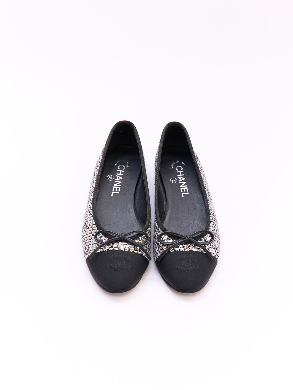 Chanel Black and Silver Sequin Cap Toe Flats Size 37.5