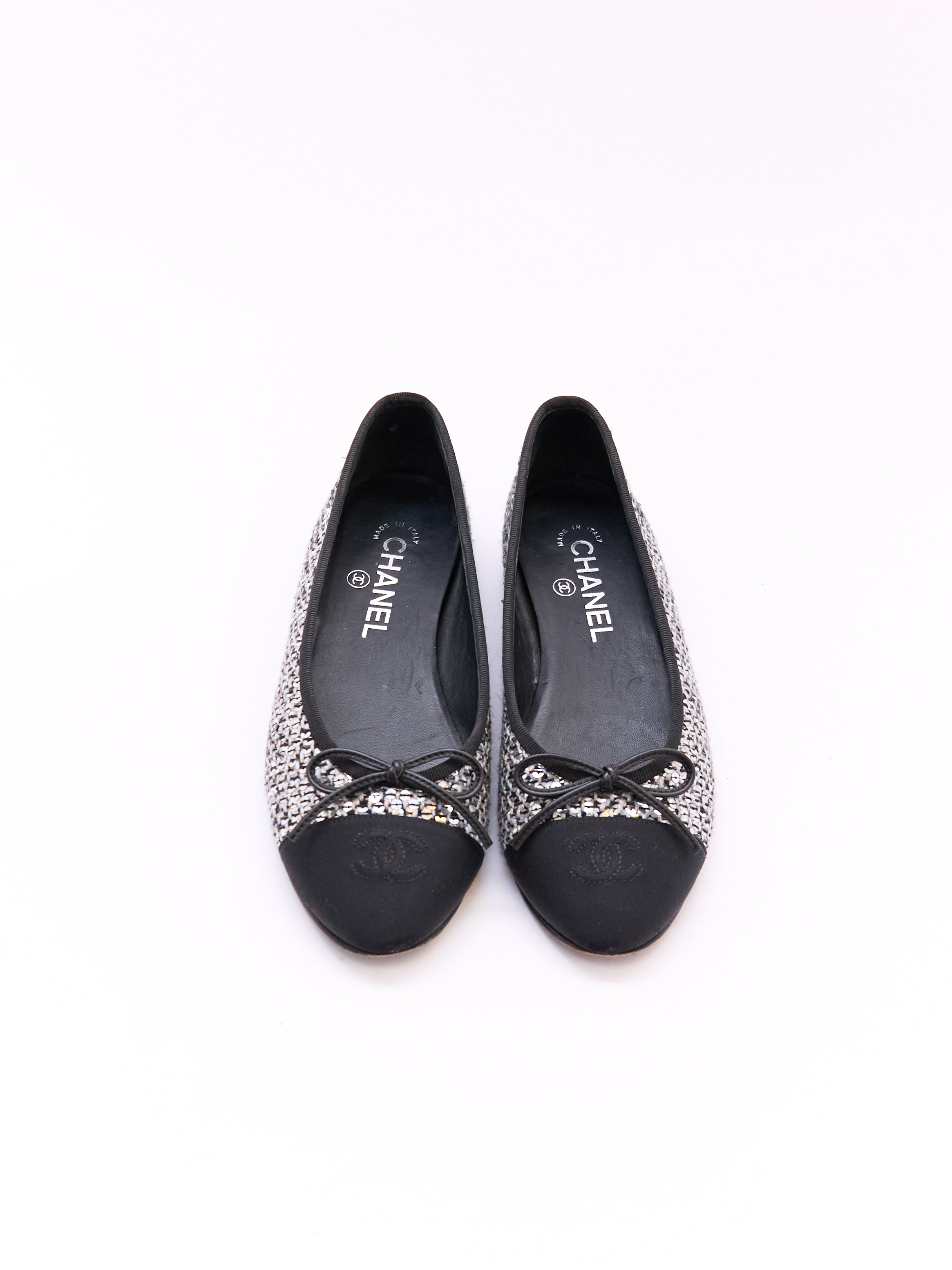 Chanel Black and Silver Sequin Cap Toe Flats Size 37.5
