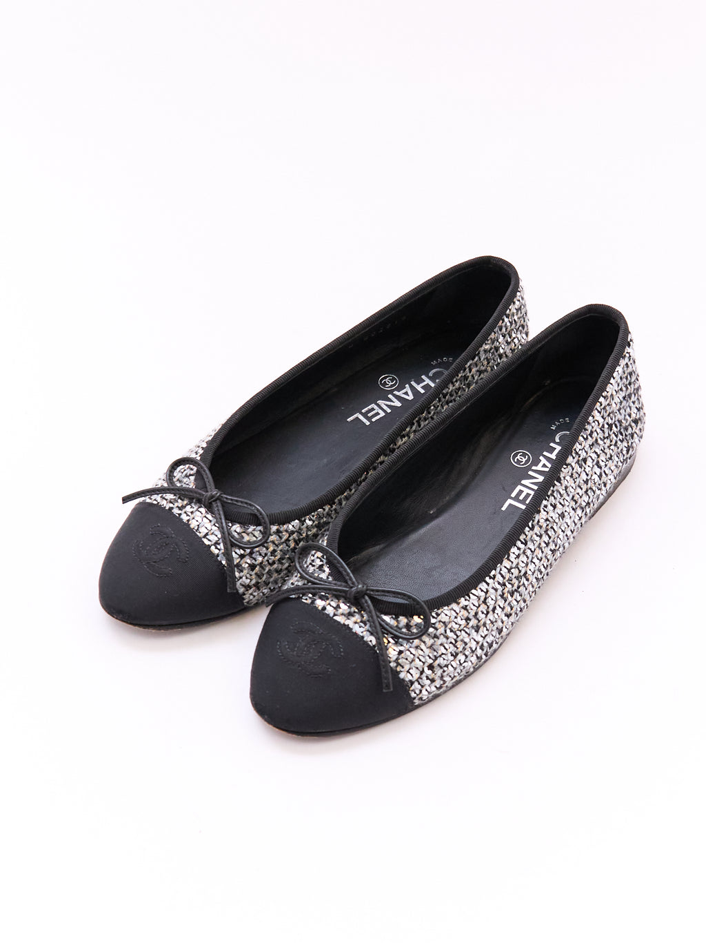 Chanel Black and Silver Sequin Cap Toe Flats Size 37.5