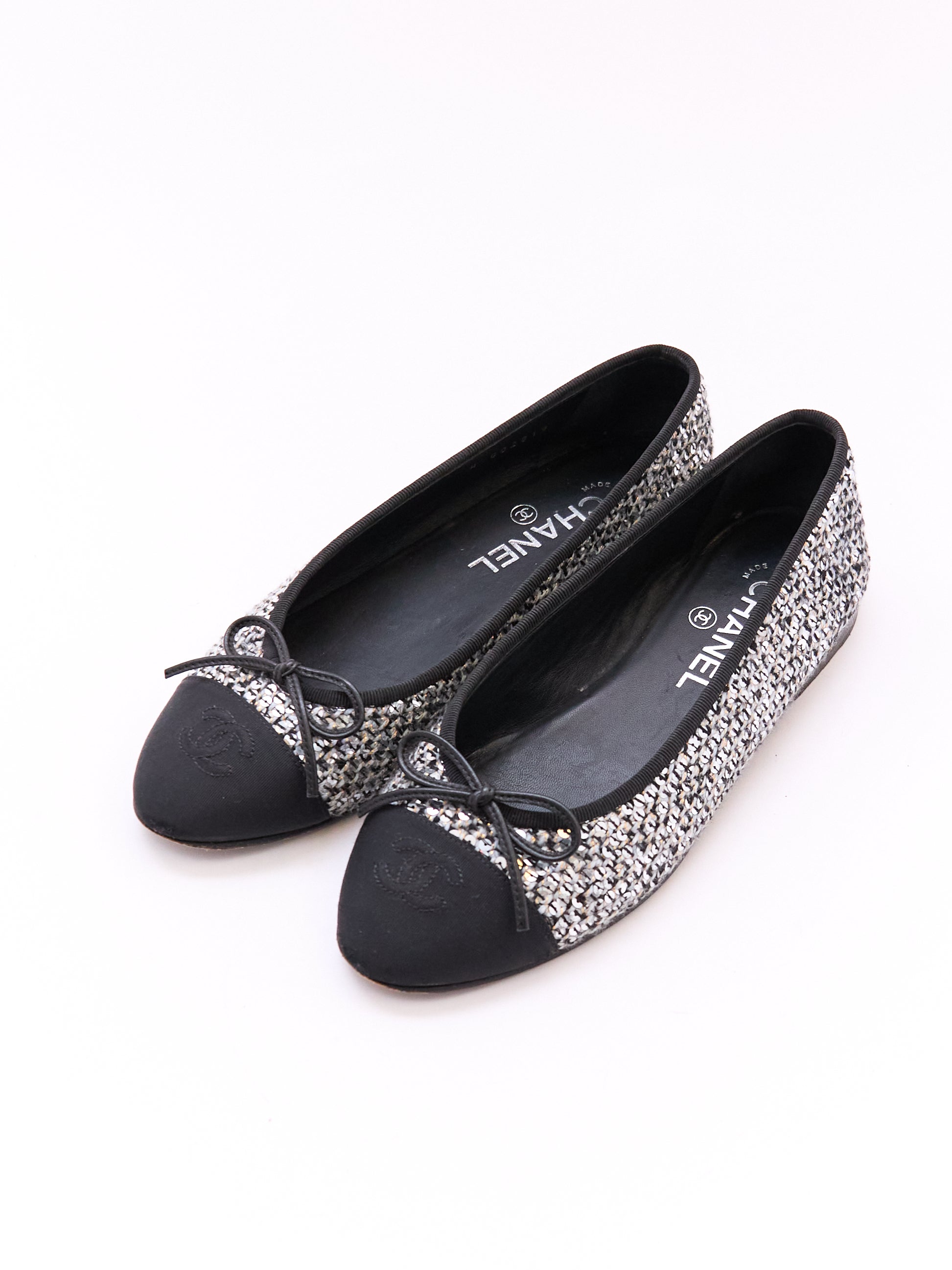 Chanel Black and Silver Sequin Cap Toe Flats Size 37.5