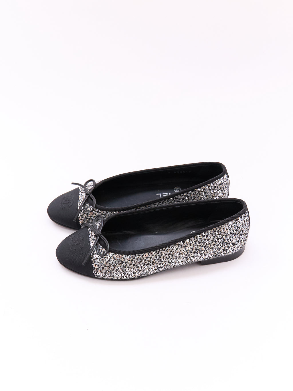 Chanel Black and Silver Sequin Cap Toe Flats Size 37.5