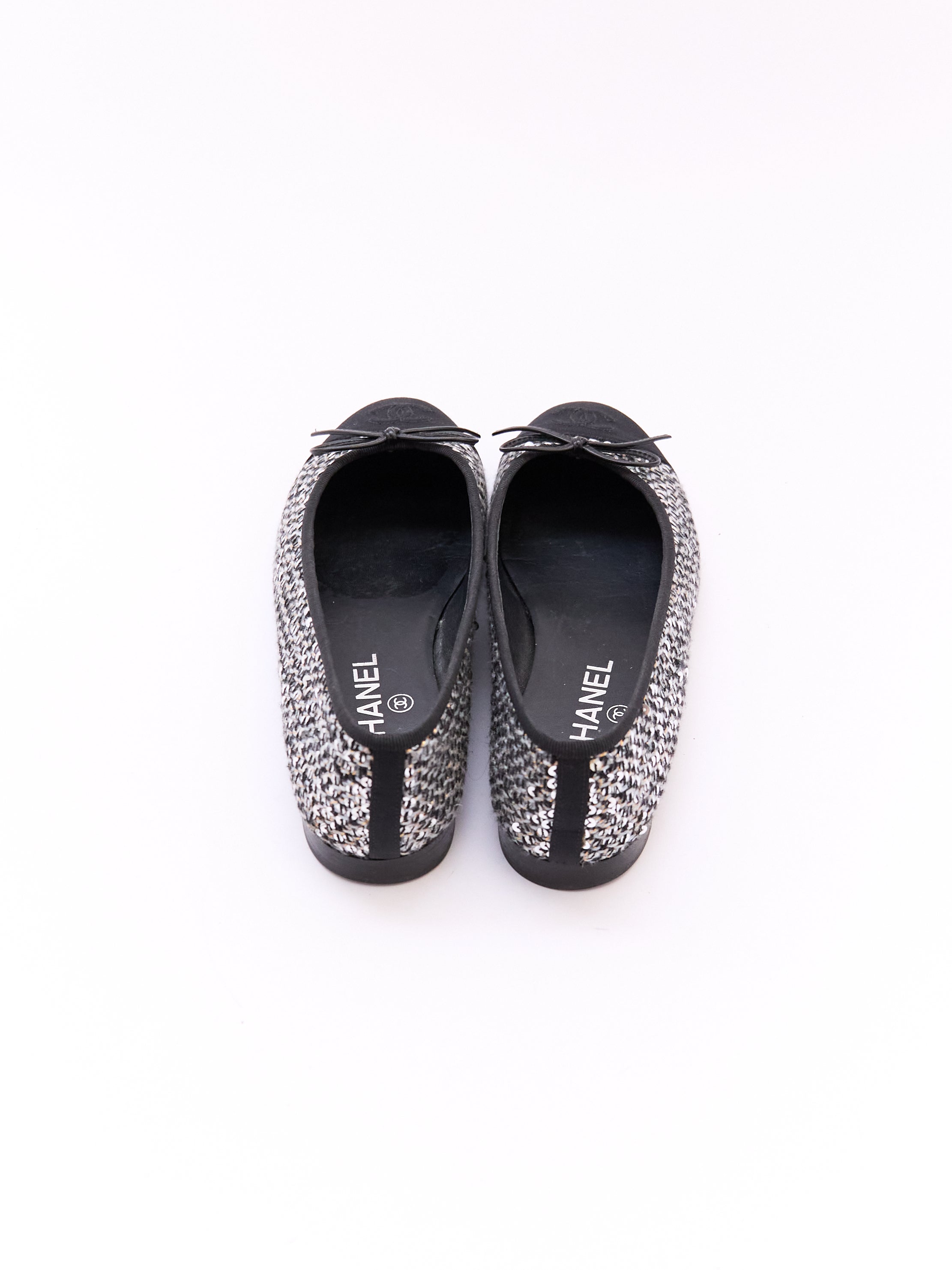 Chanel Black and Silver Sequin Cap Toe Flats Size 37.5