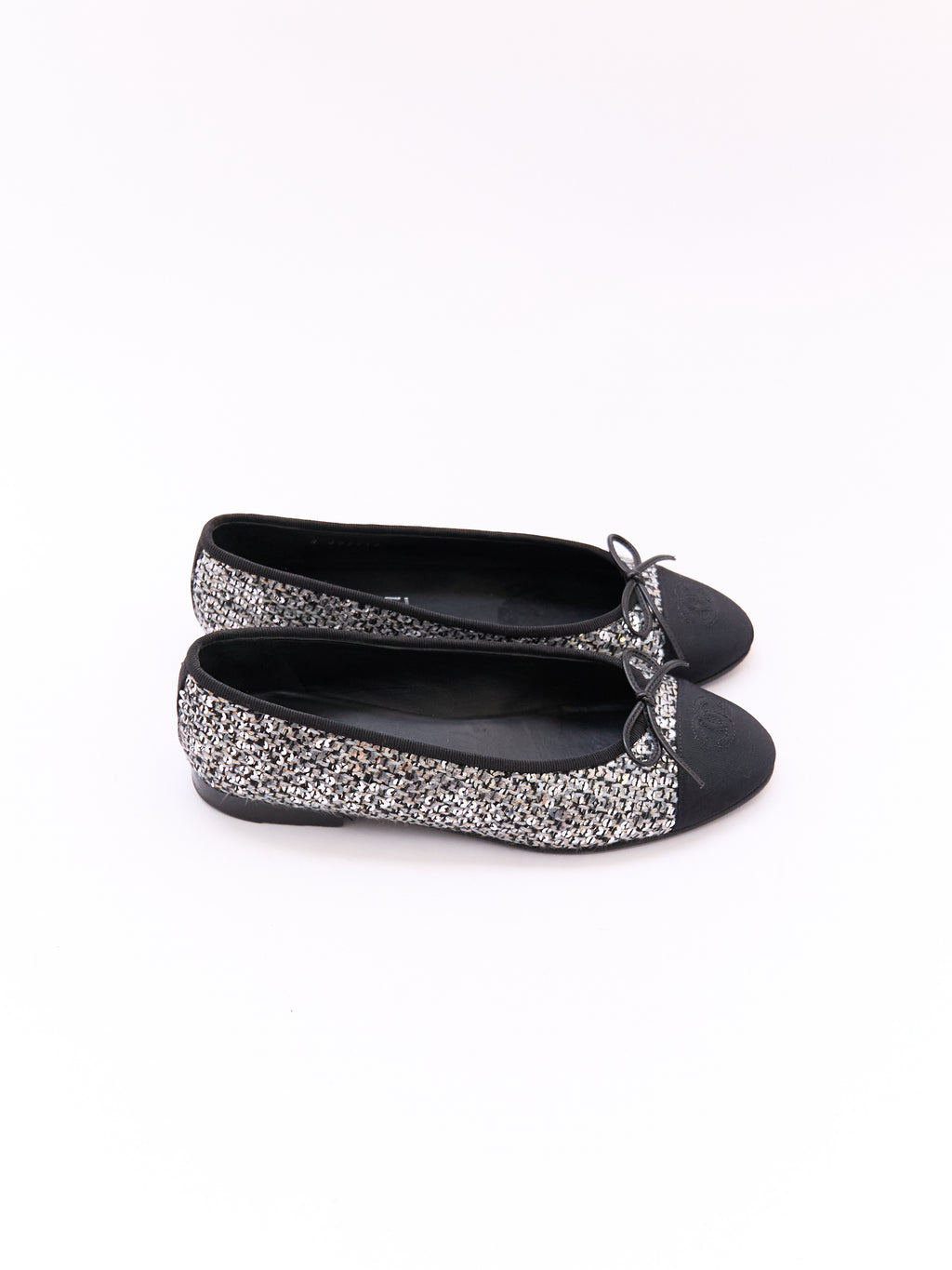 Chanel Black and Silver Sequin Cap Toe Flats Size 37.5