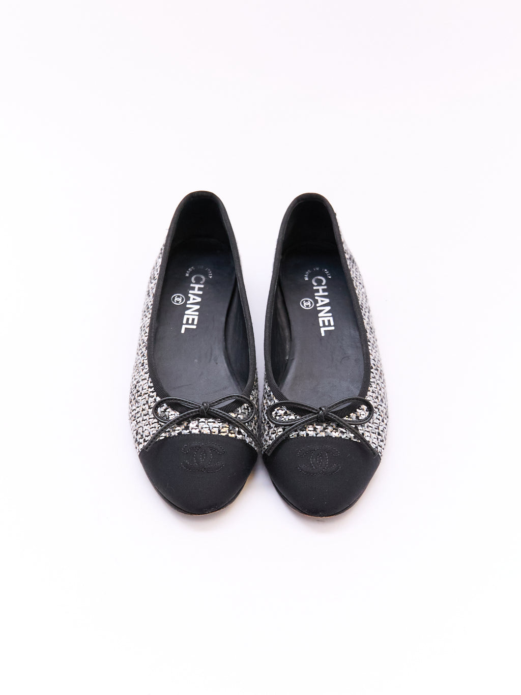 Chanel Black and Silver Sequin Cap Toe Flats Size 37.5