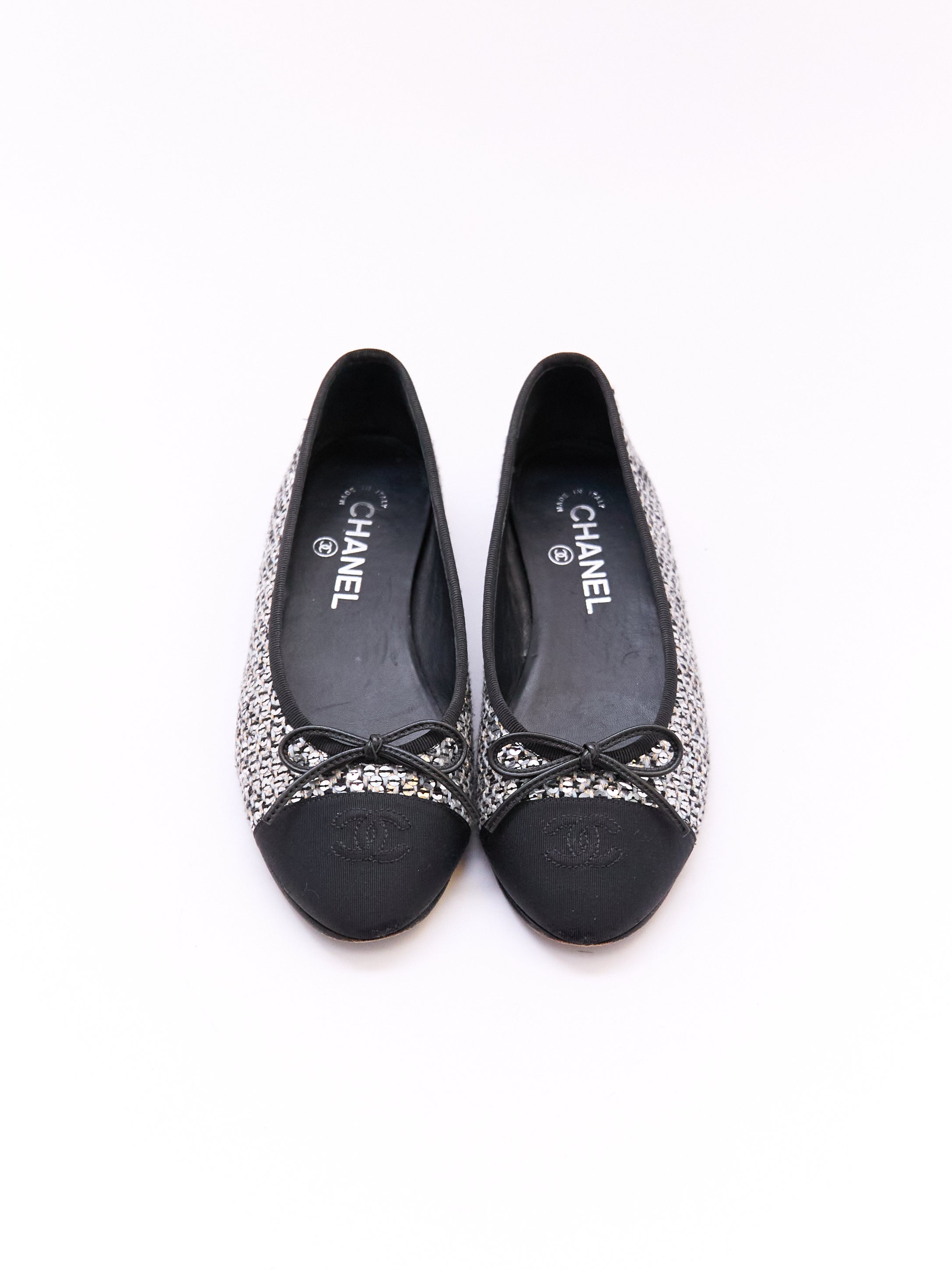 Chanel Black and Silver Sequin Cap Toe Flats Size 37.5