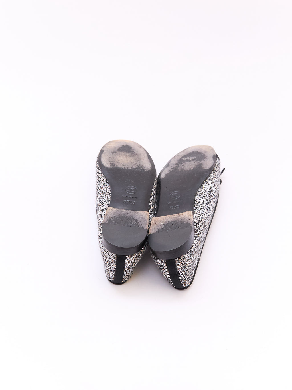 Chanel Black and Silver Sequin Cap Toe Flats Size 37.5