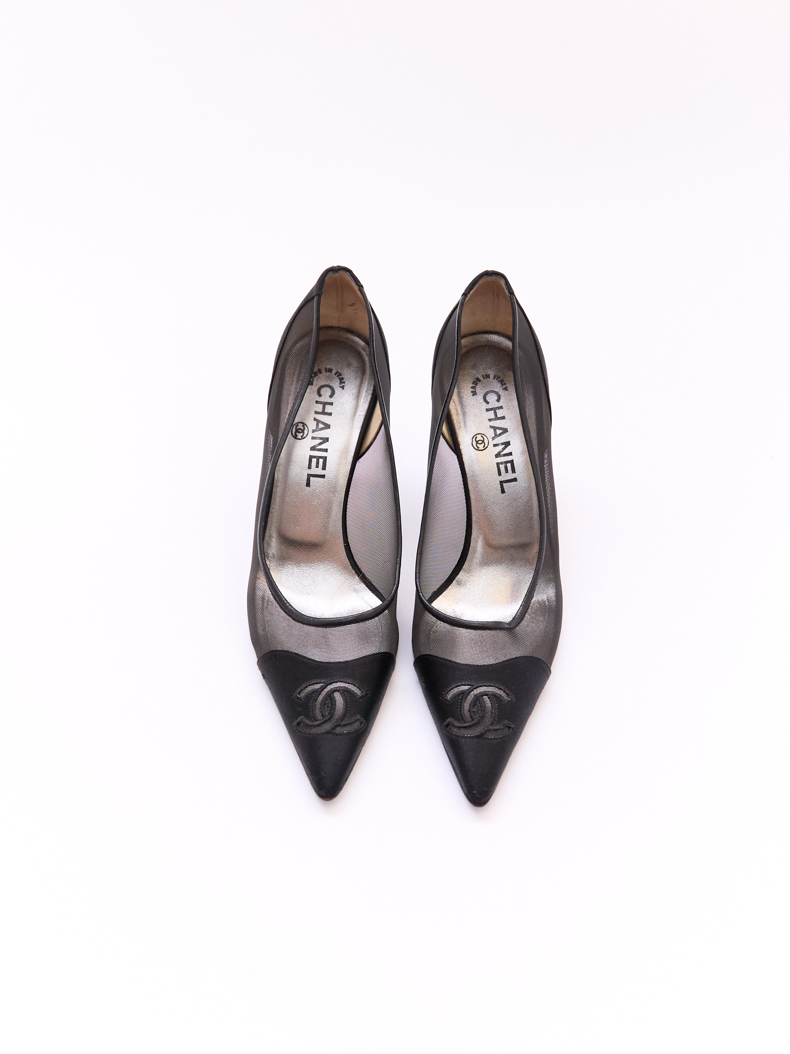 Chanel Black Satin Mesh CC Pump Size 37.5