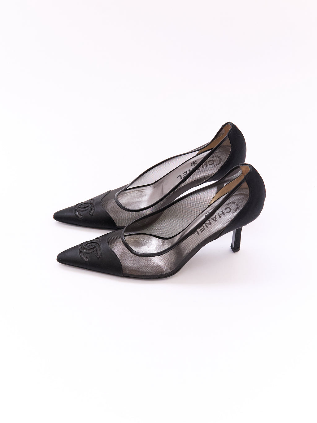 Chanel Black Satin Mesh CC Pump Size 37.5