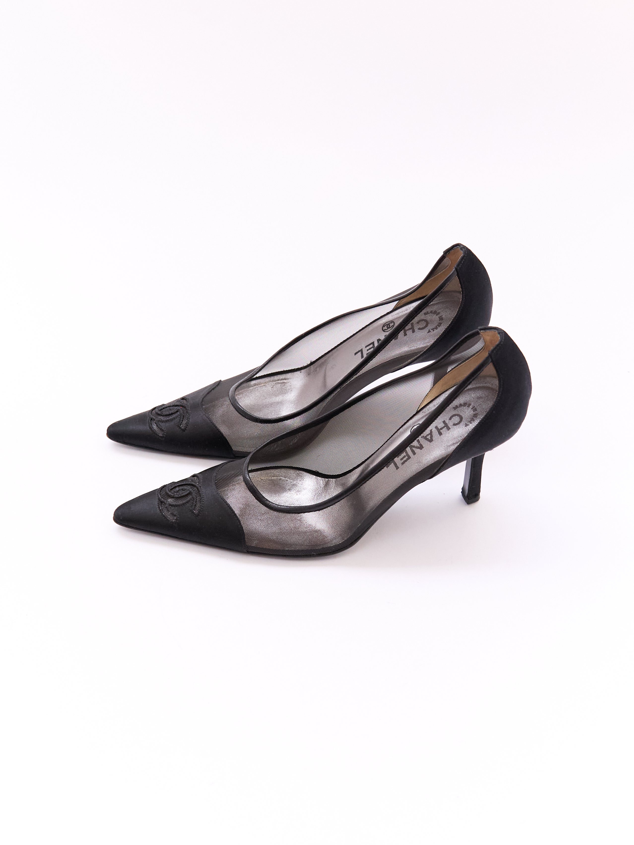 Chanel Black Satin Mesh CC Pump Size 37.5