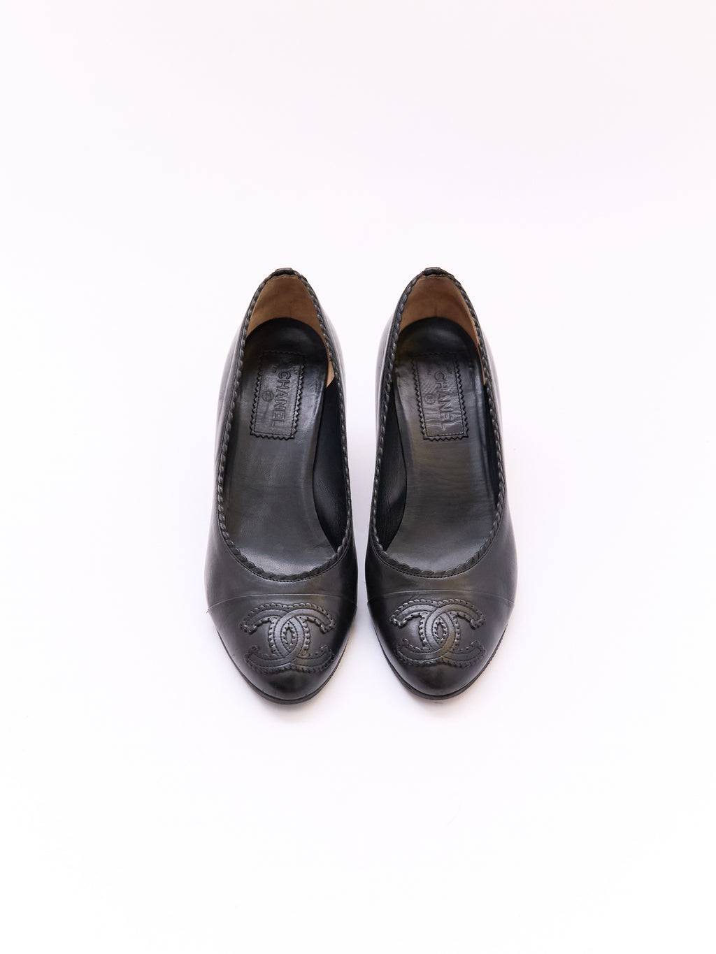 Chanel Black Leather Cap Toe CC Pump Size 38