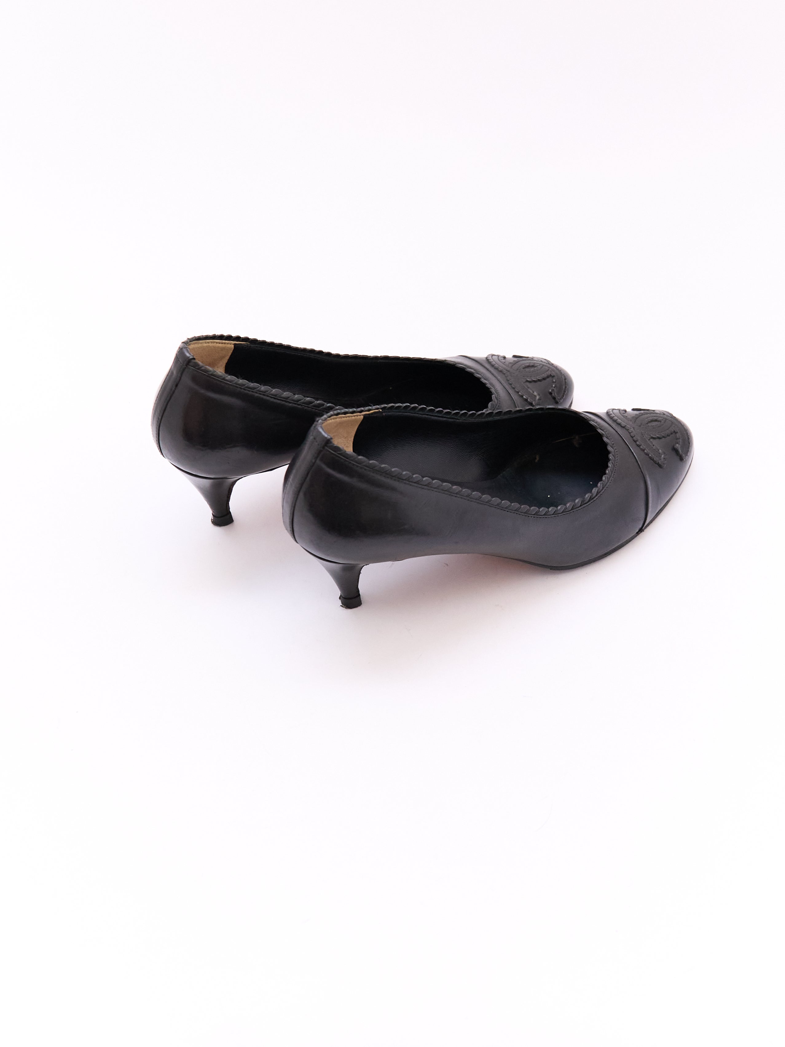Chanel Black Leather Cap Toe CC Pump Size 38