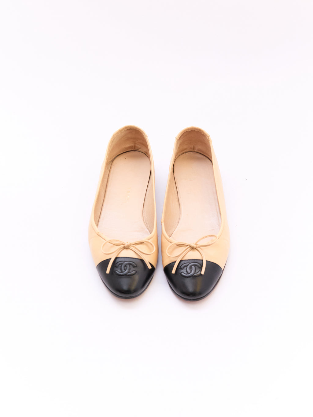 Chanel Beige and Black Cap Toe Flat Size 38.5