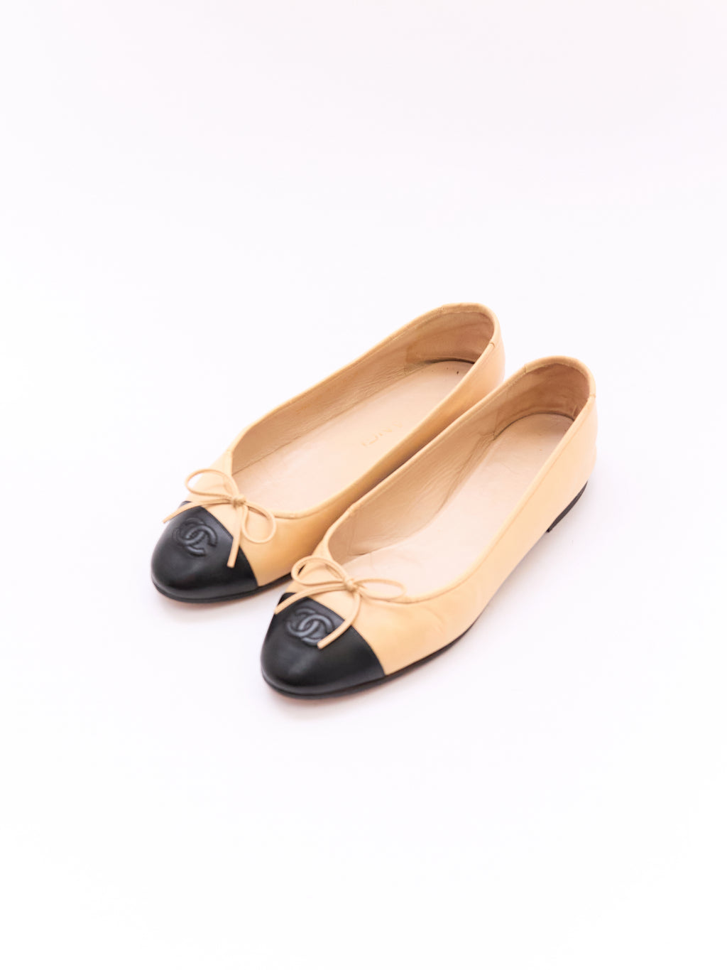 Chanel Beige and Black Cap Toe Flat Size 38.5