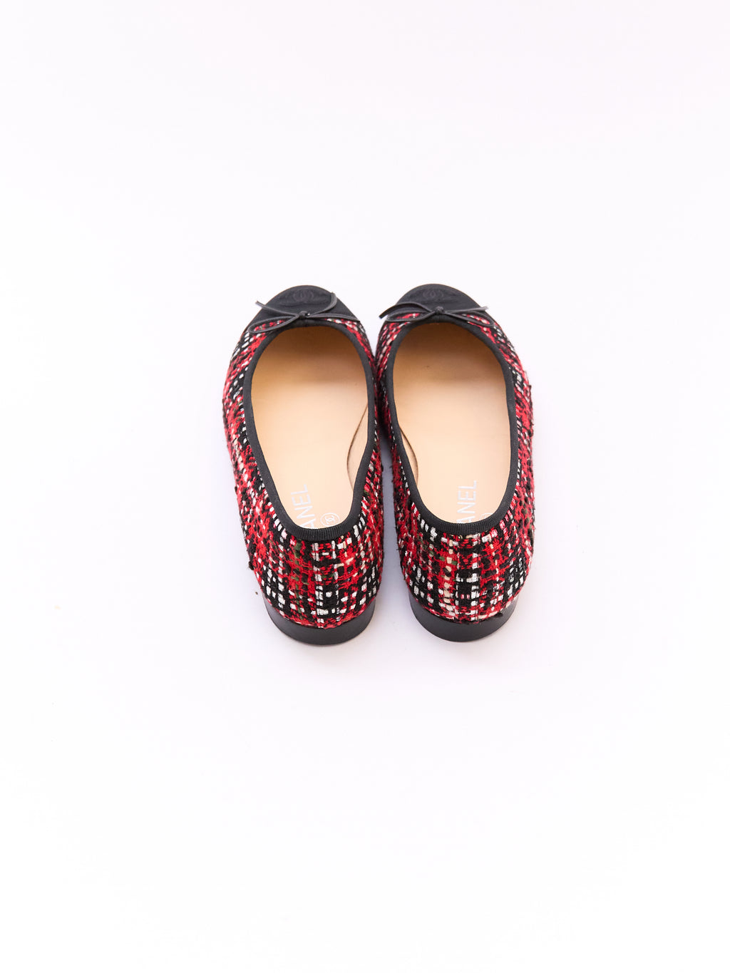 Chanel Red and Black Cap Toe Tweed Flat Size 38