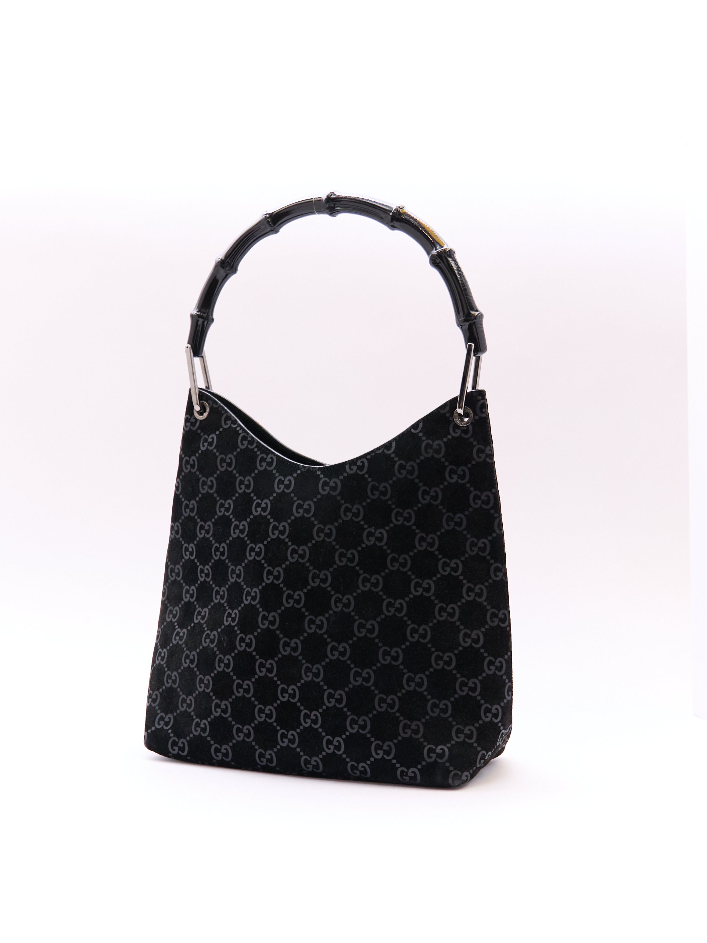 Gucci Black Bamboo Handle Monogram Bag