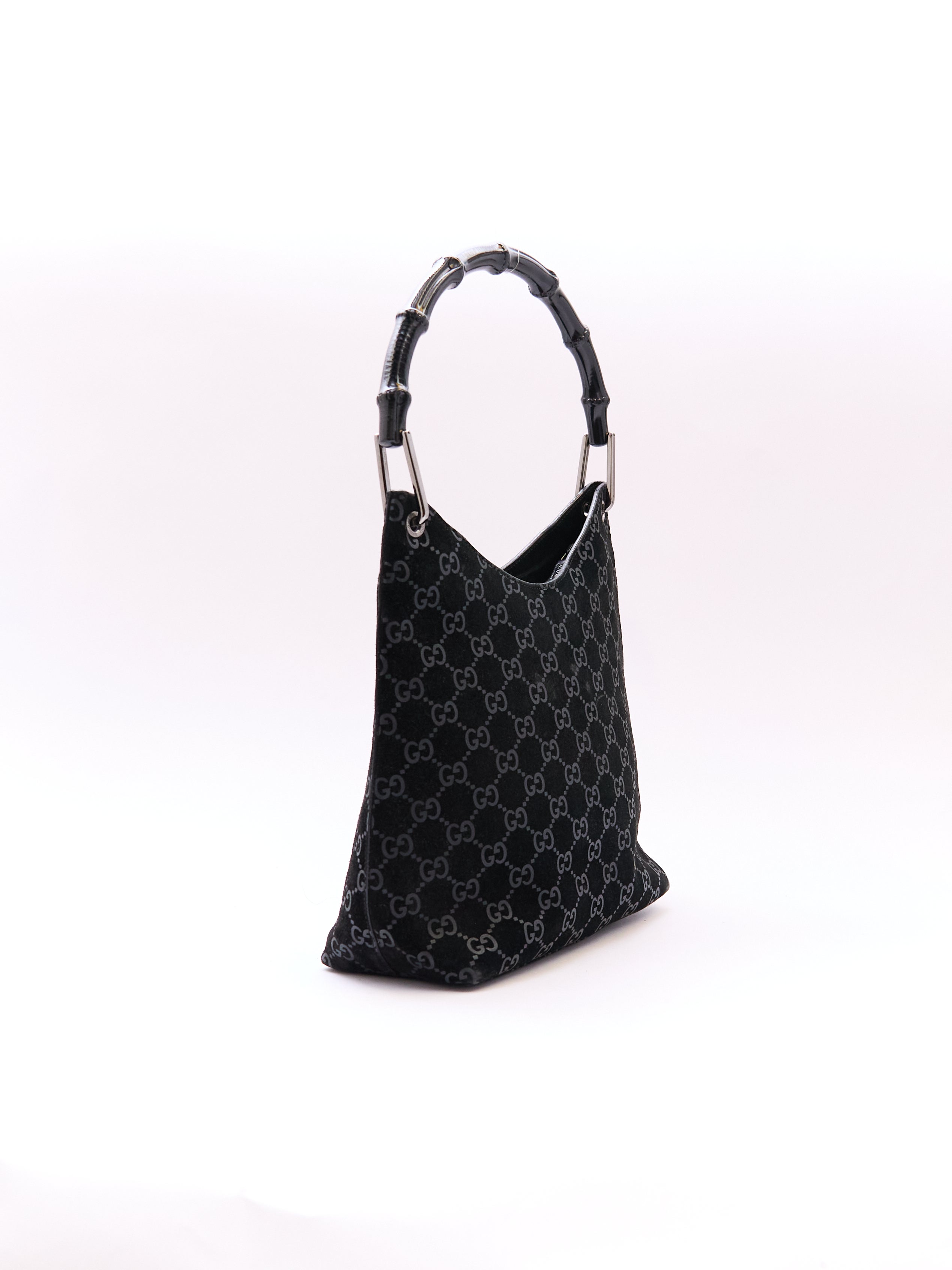 Gucci Black Bamboo Handle Monogram Bag