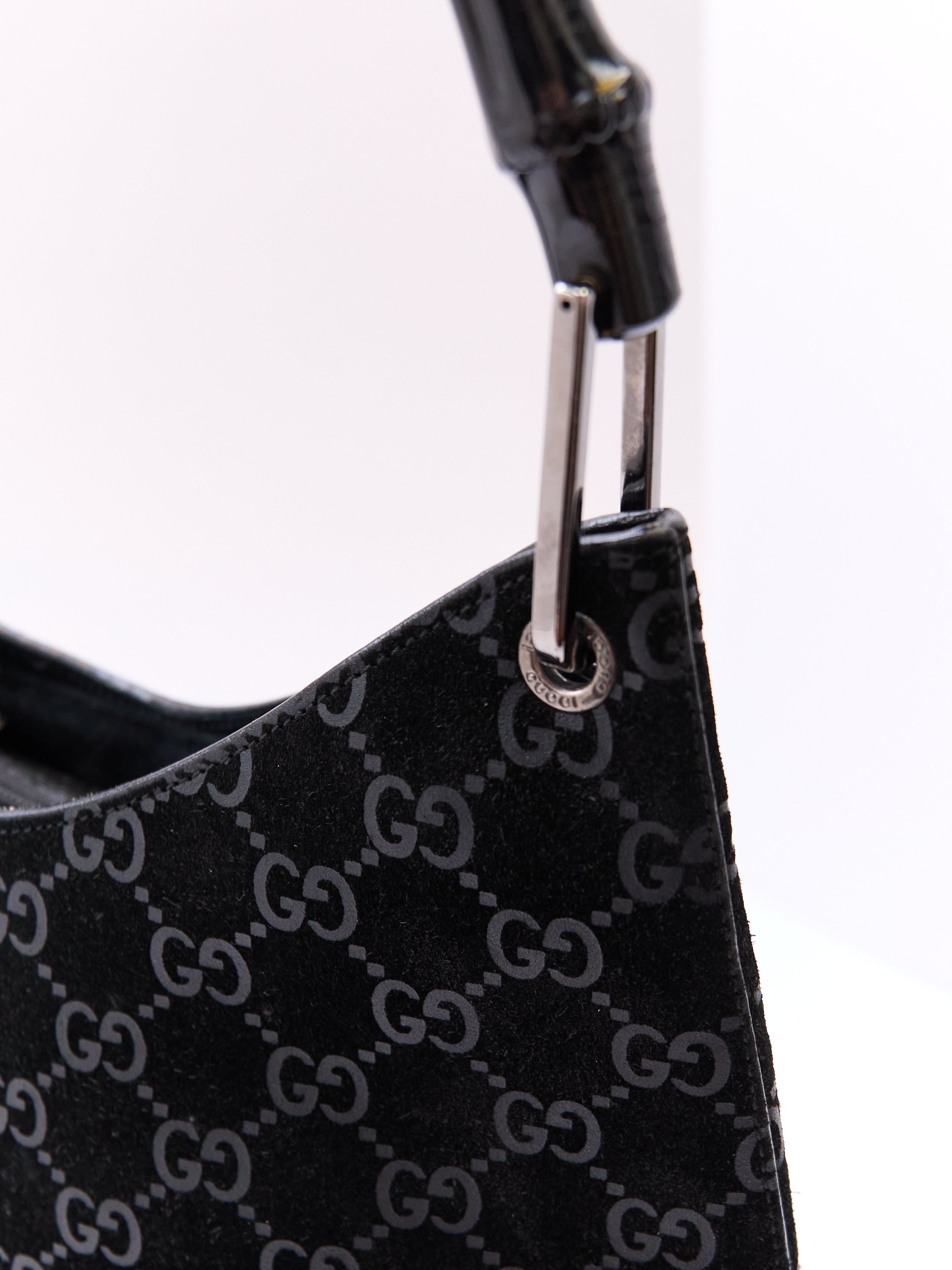 Gucci Black Bamboo Handle Monogram Bag