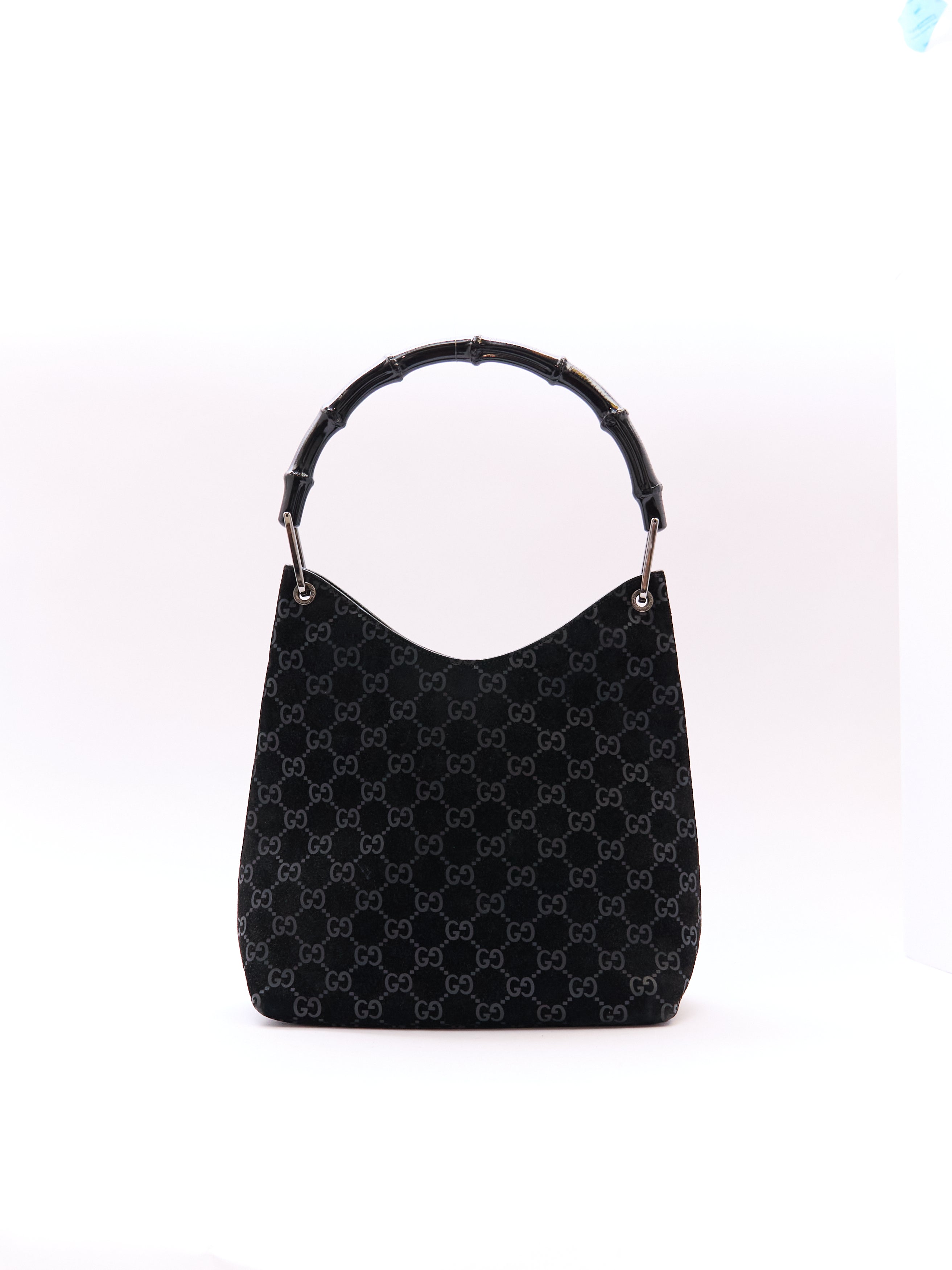 Gucci Black Bamboo Handle Monogram Bag