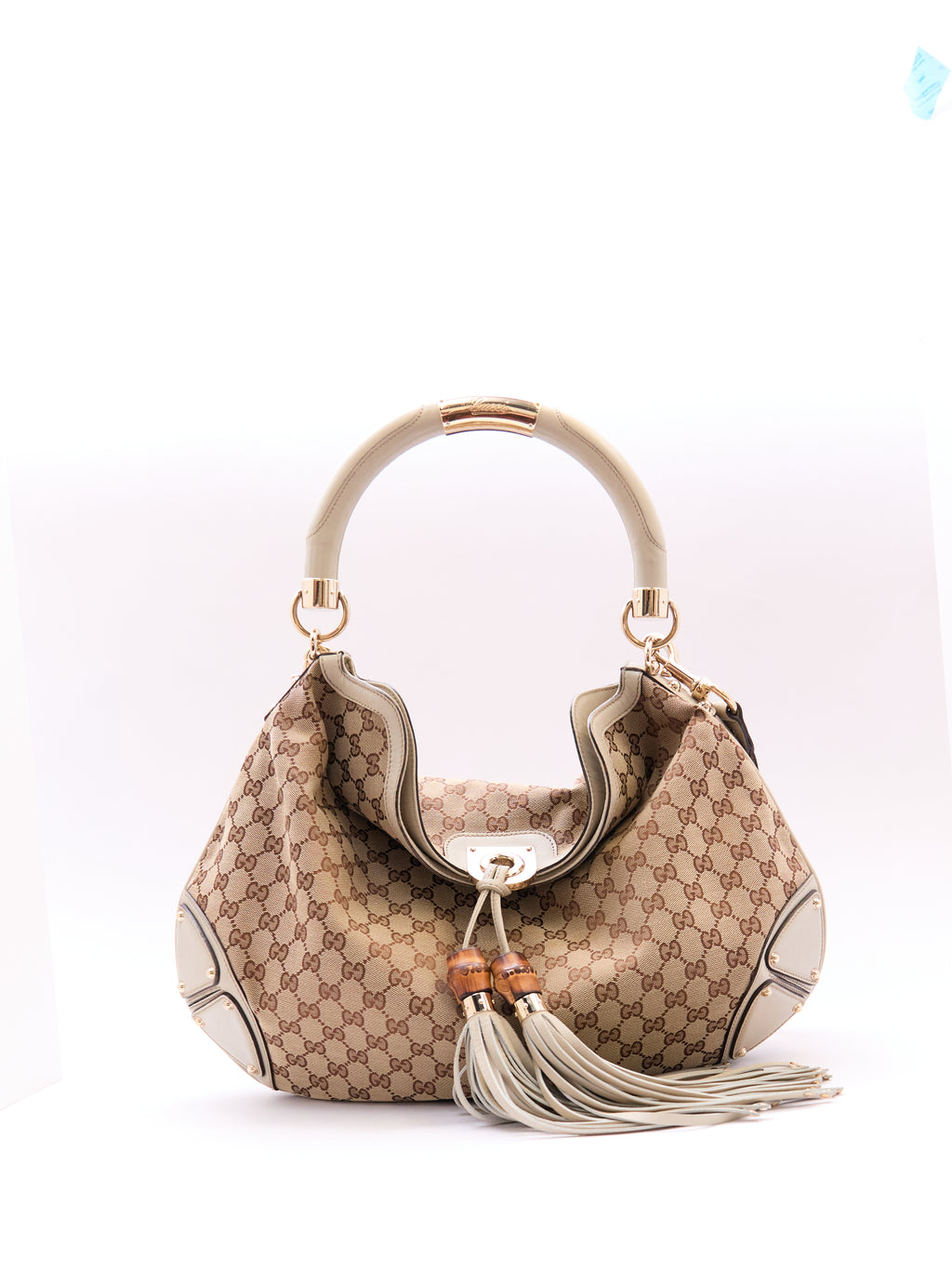 00's Gucci Indy Bamboo Beige GG Canvas Sholder Bag